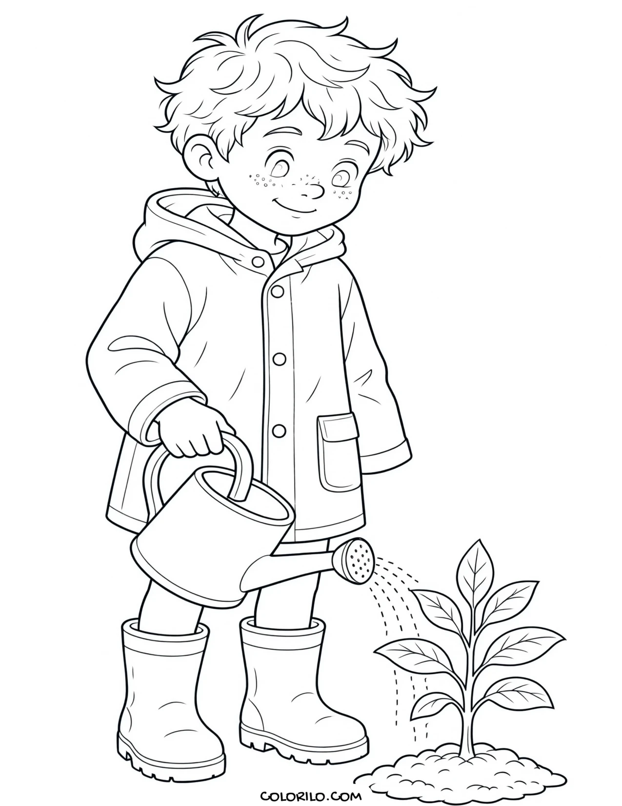 A boy watering plants wearing a raincoat coloring page