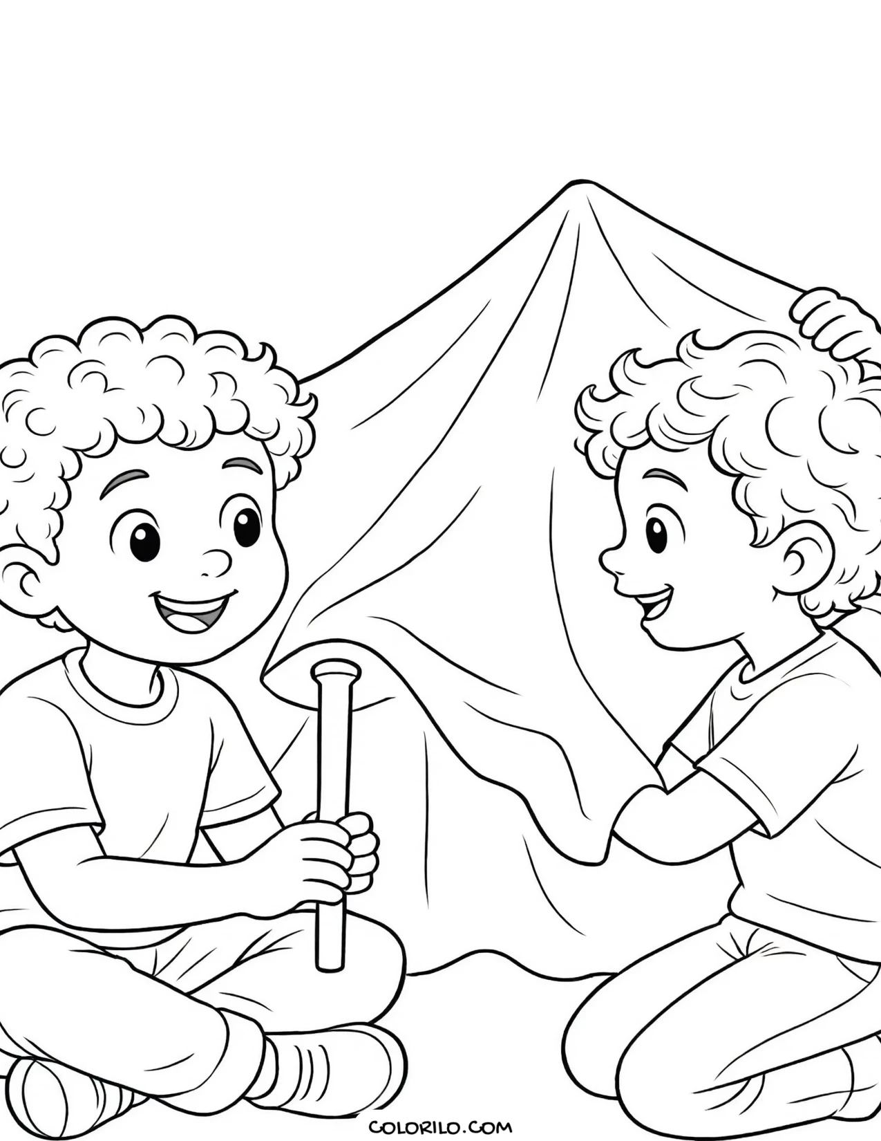 Two boys building a blanket fort coloring page
