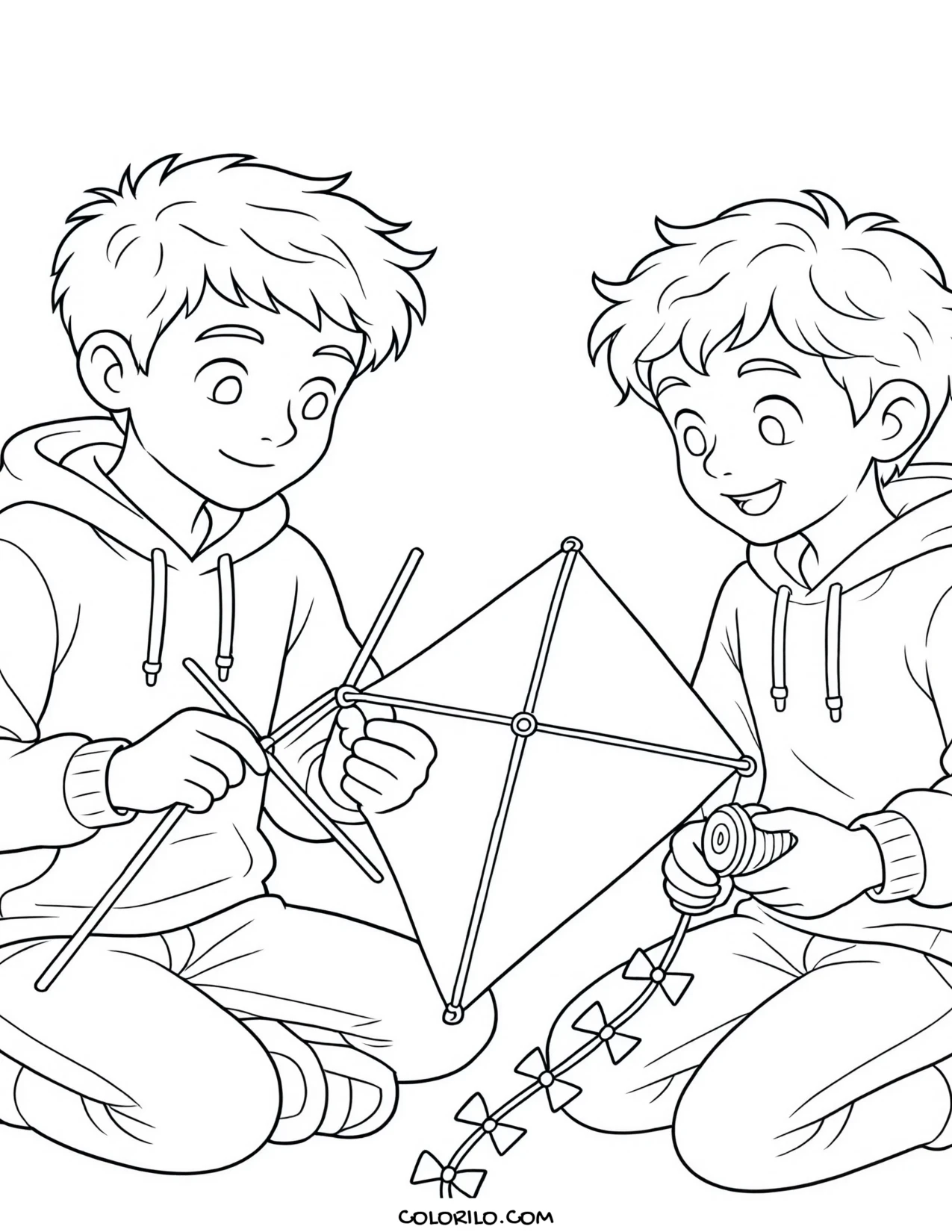 Two boys building a kite together coloring page