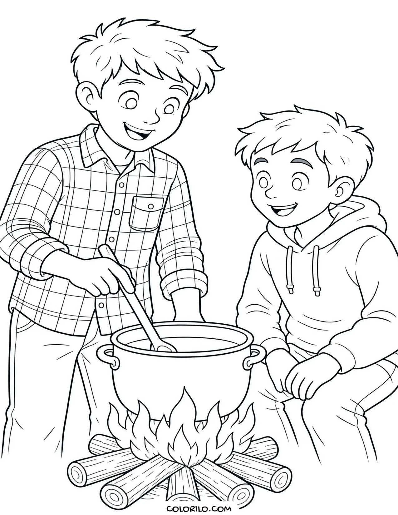 Two boys cooking over a campfire coloring page