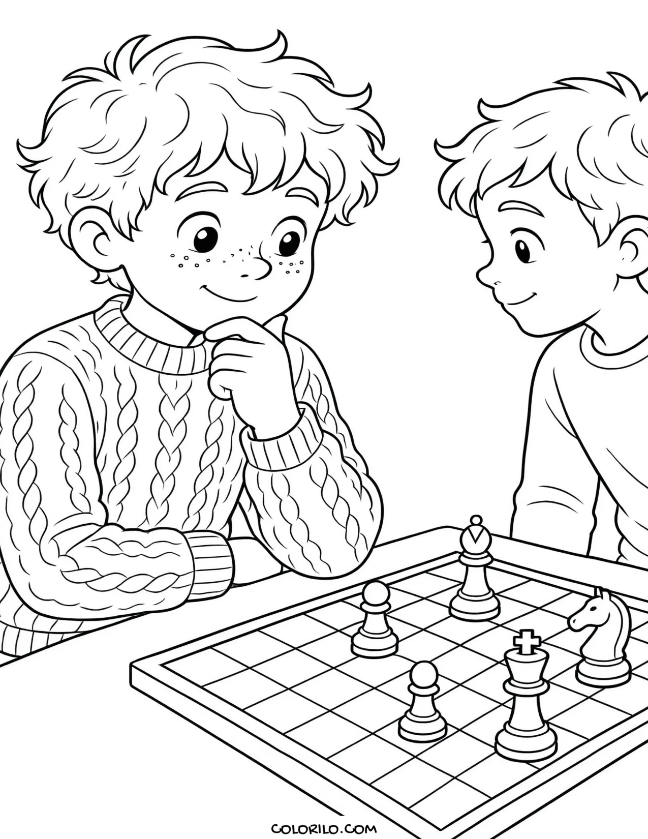 Two boys playing chess coloring page
