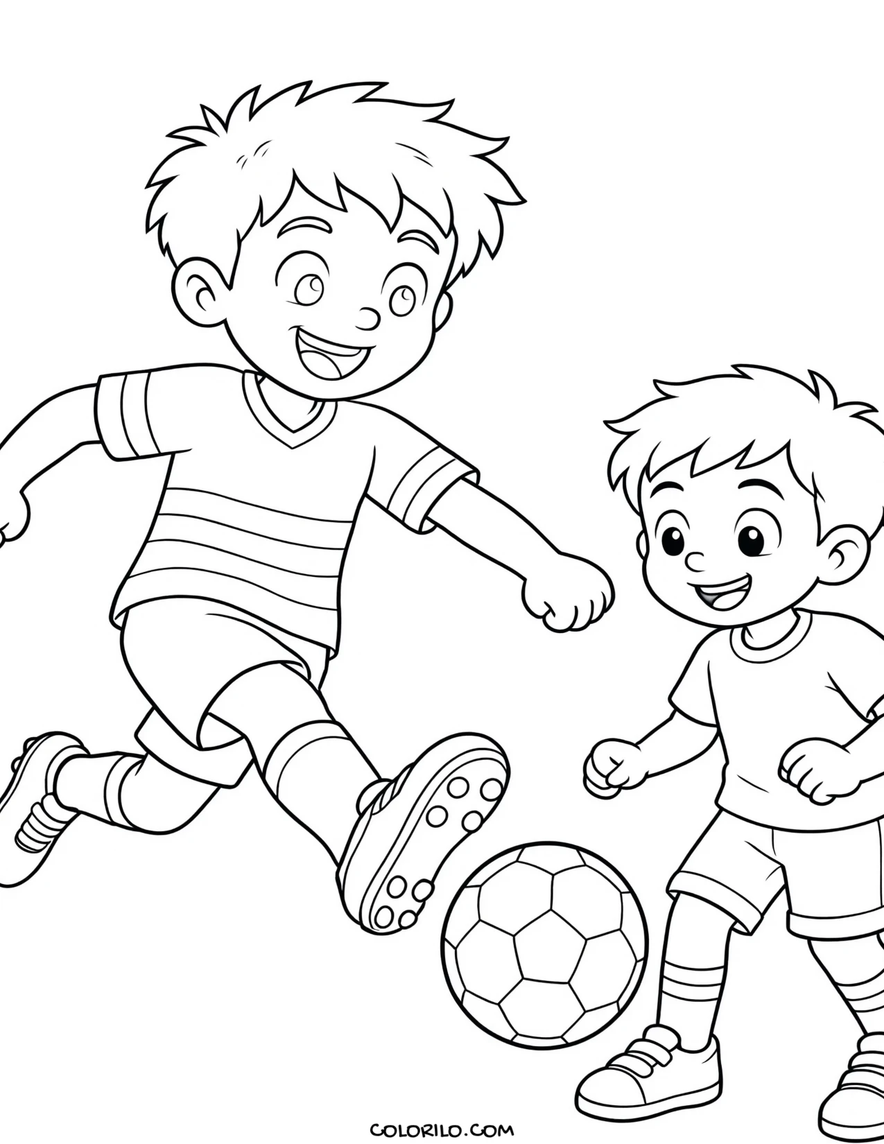 Two boys playing soccer in the snow coloring page