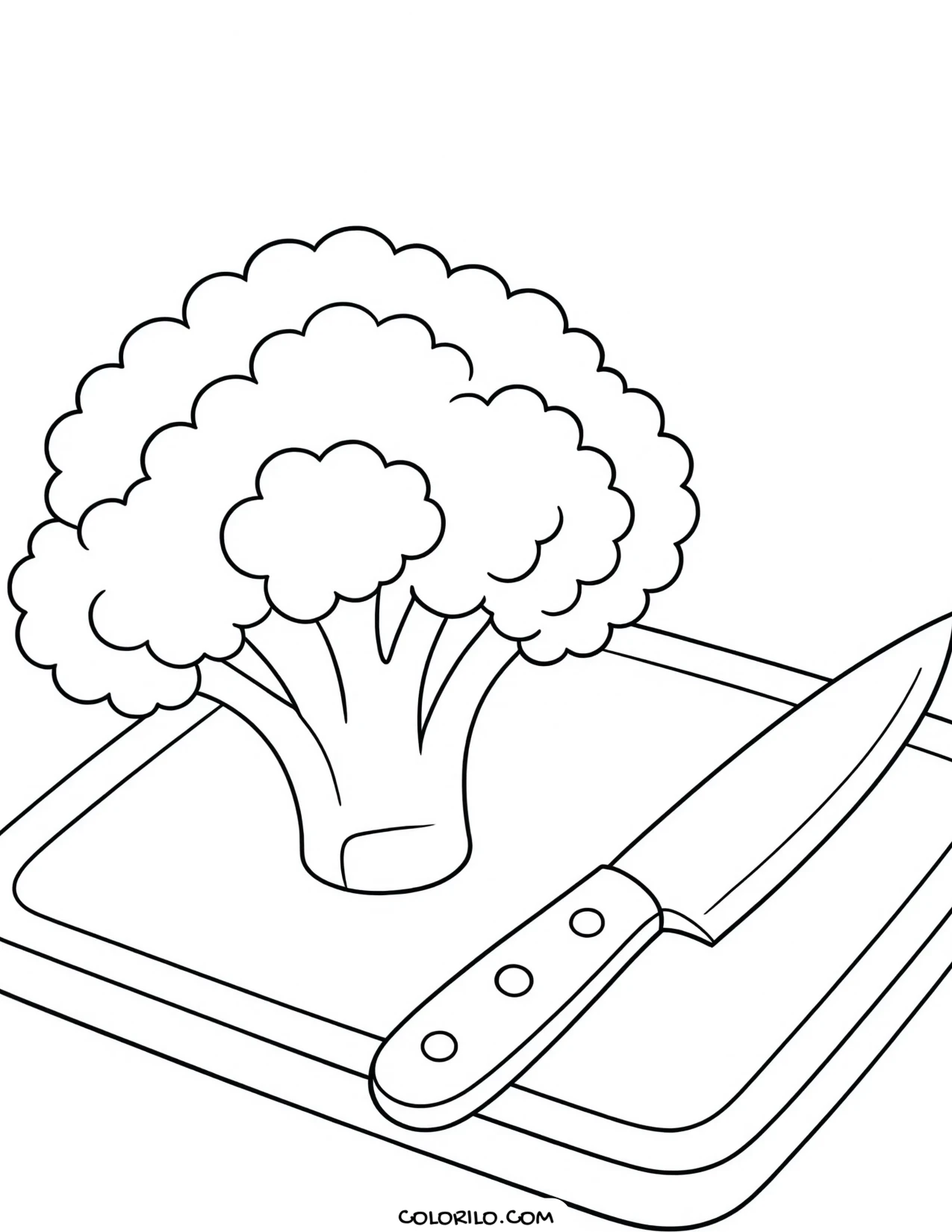 Broccoli on a cutting board with a knife coloring page