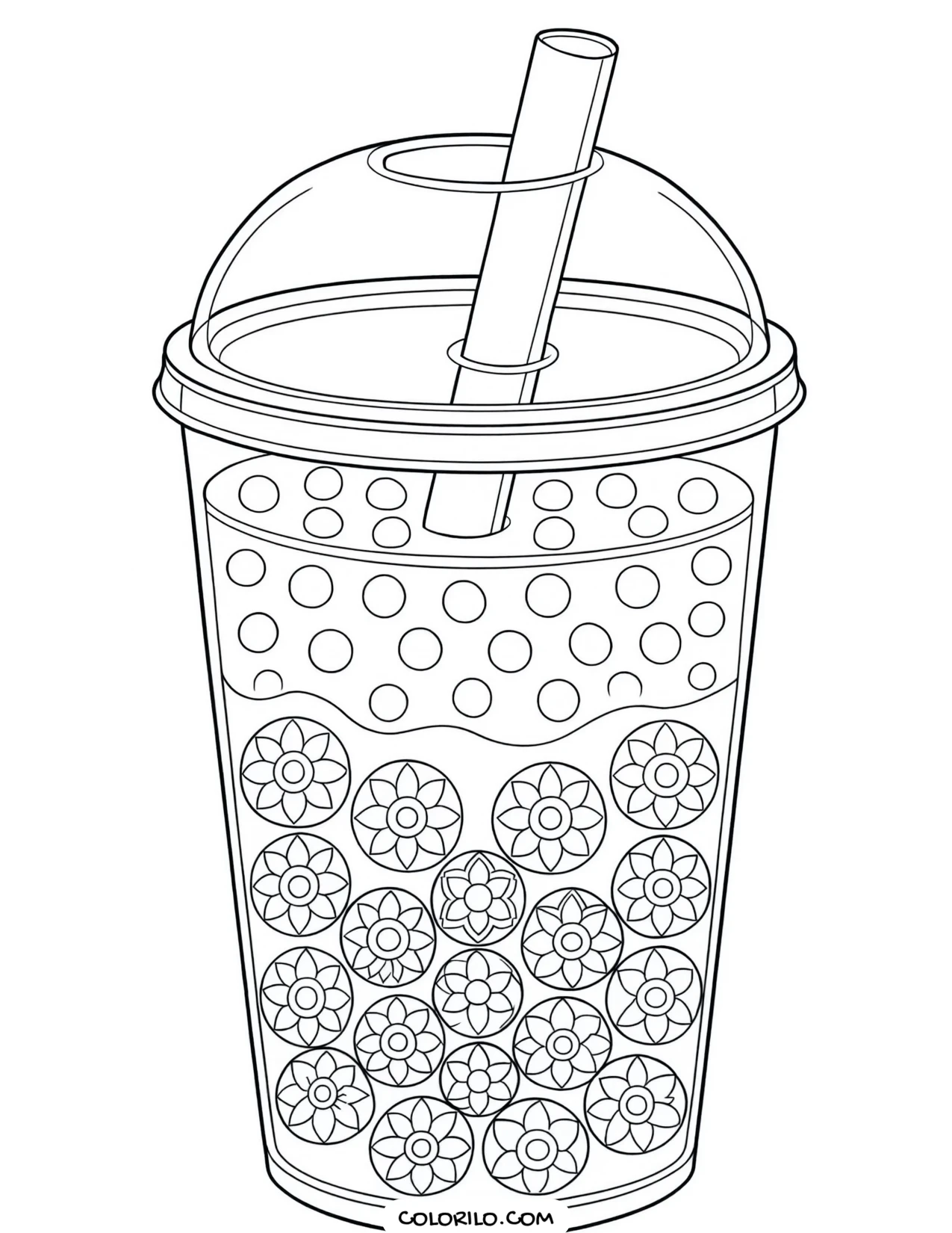 A bubble tea cup with patterned bubbles coloring page