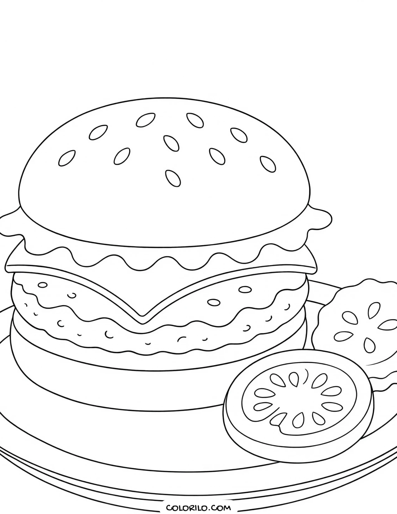 A burger on a plate with pickle and tomato coloring page