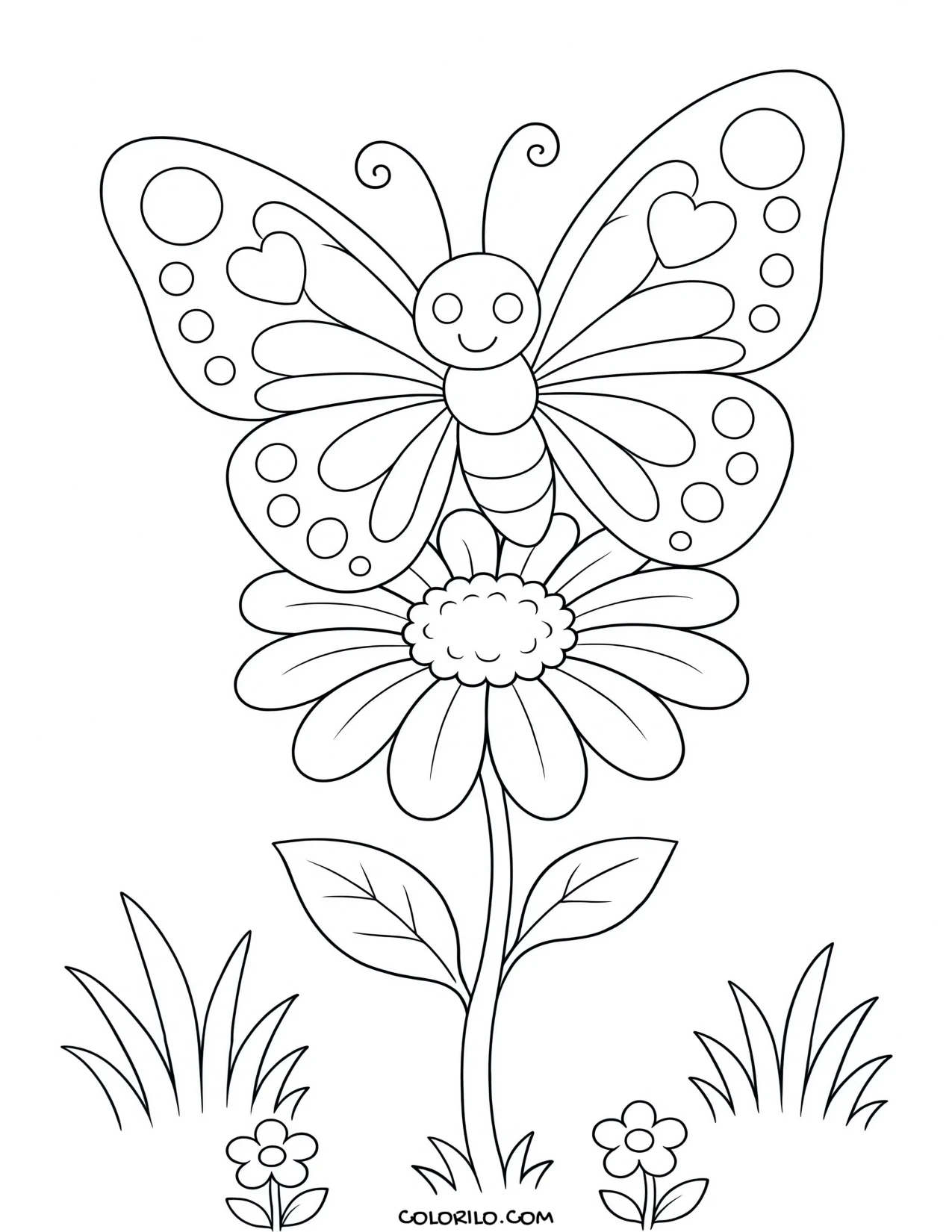 a butterfly resting on a daisy coloring page