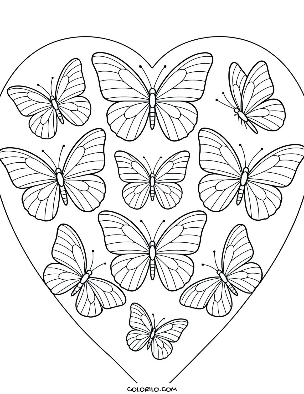 A heart filled with butterflies coloring page