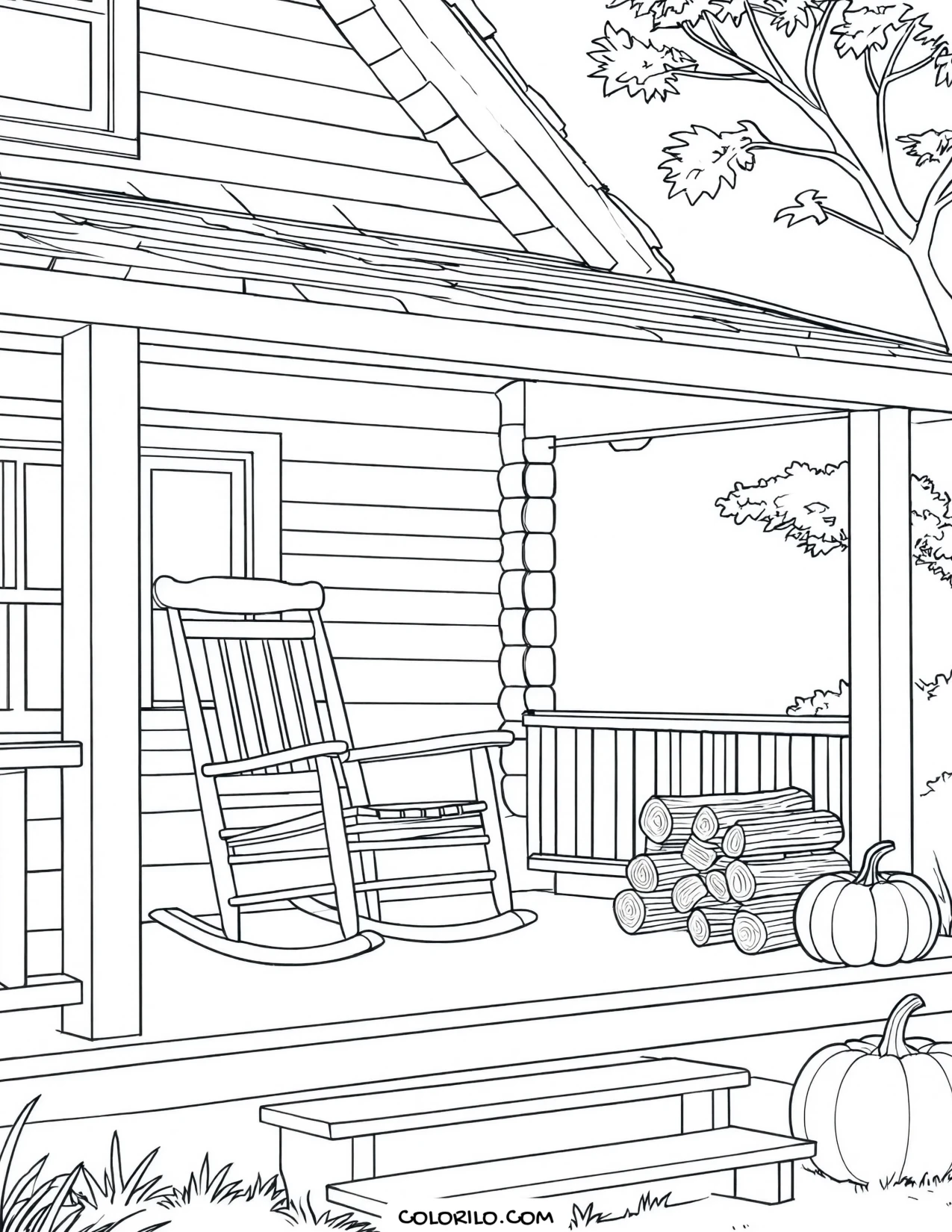 A rocking chair on a cabin porch coloring page