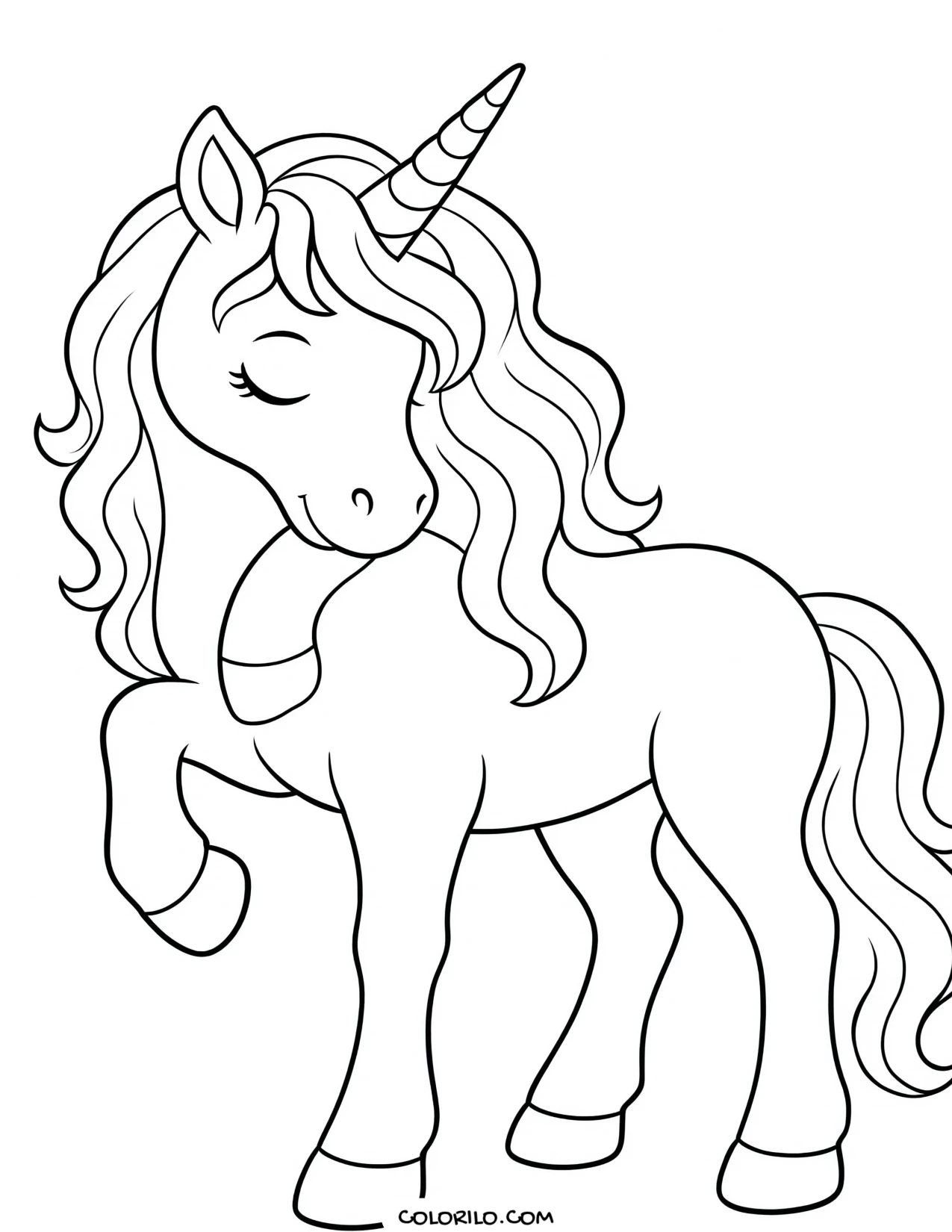A unicorn standing calmly coloring page