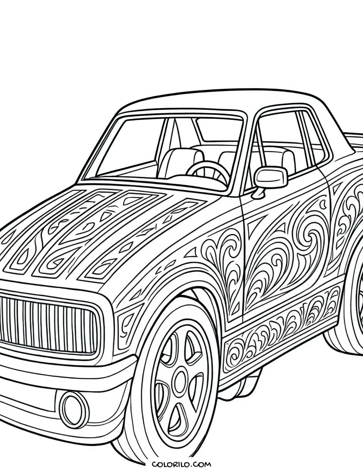A camper van parked at a campsite coloring page