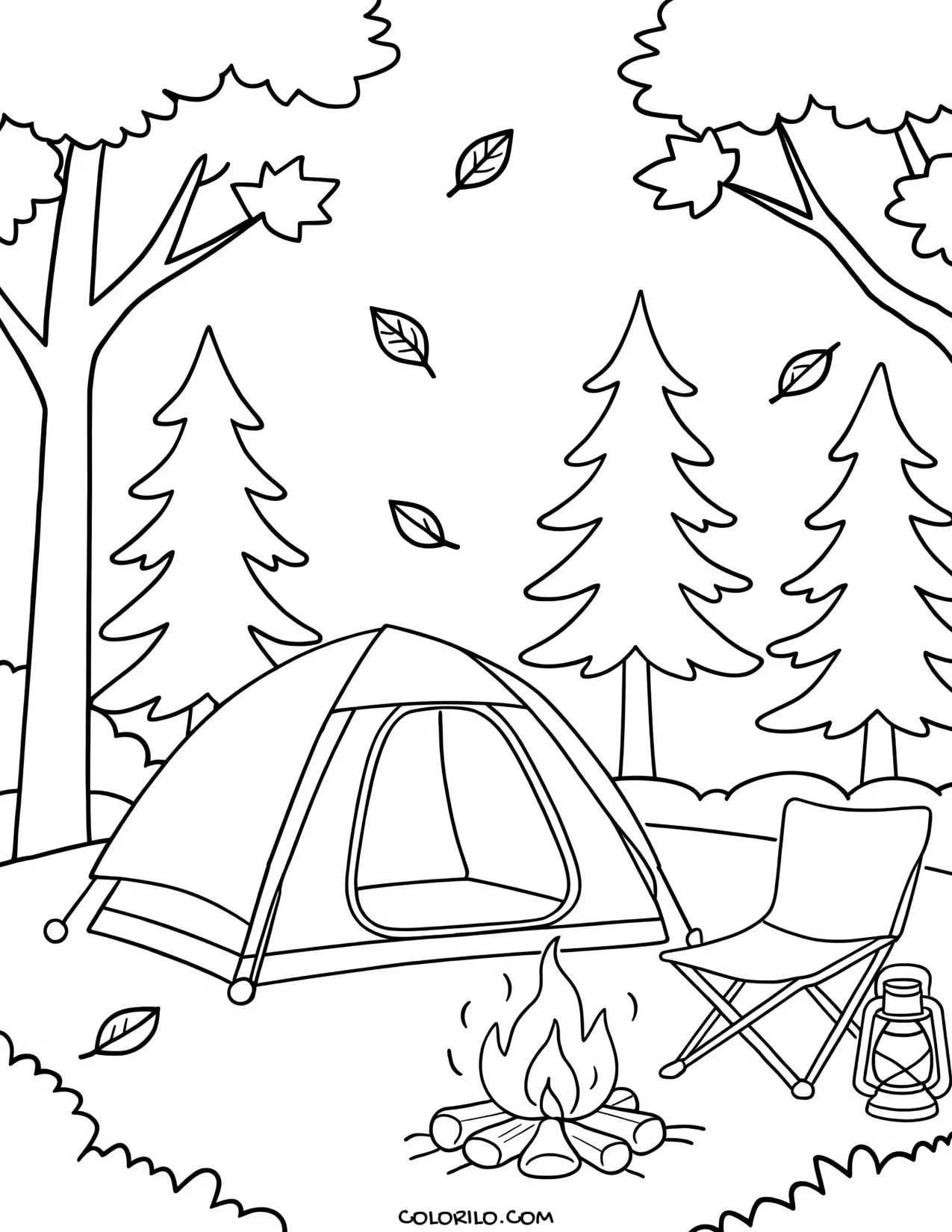 A camping tent pitched among autumn trees coloring page