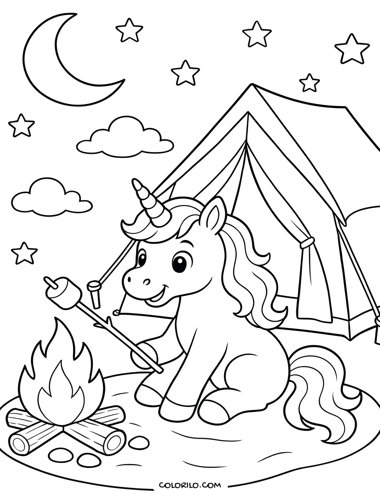 A unicorn toasting a marshmallow at a campfire coloring page