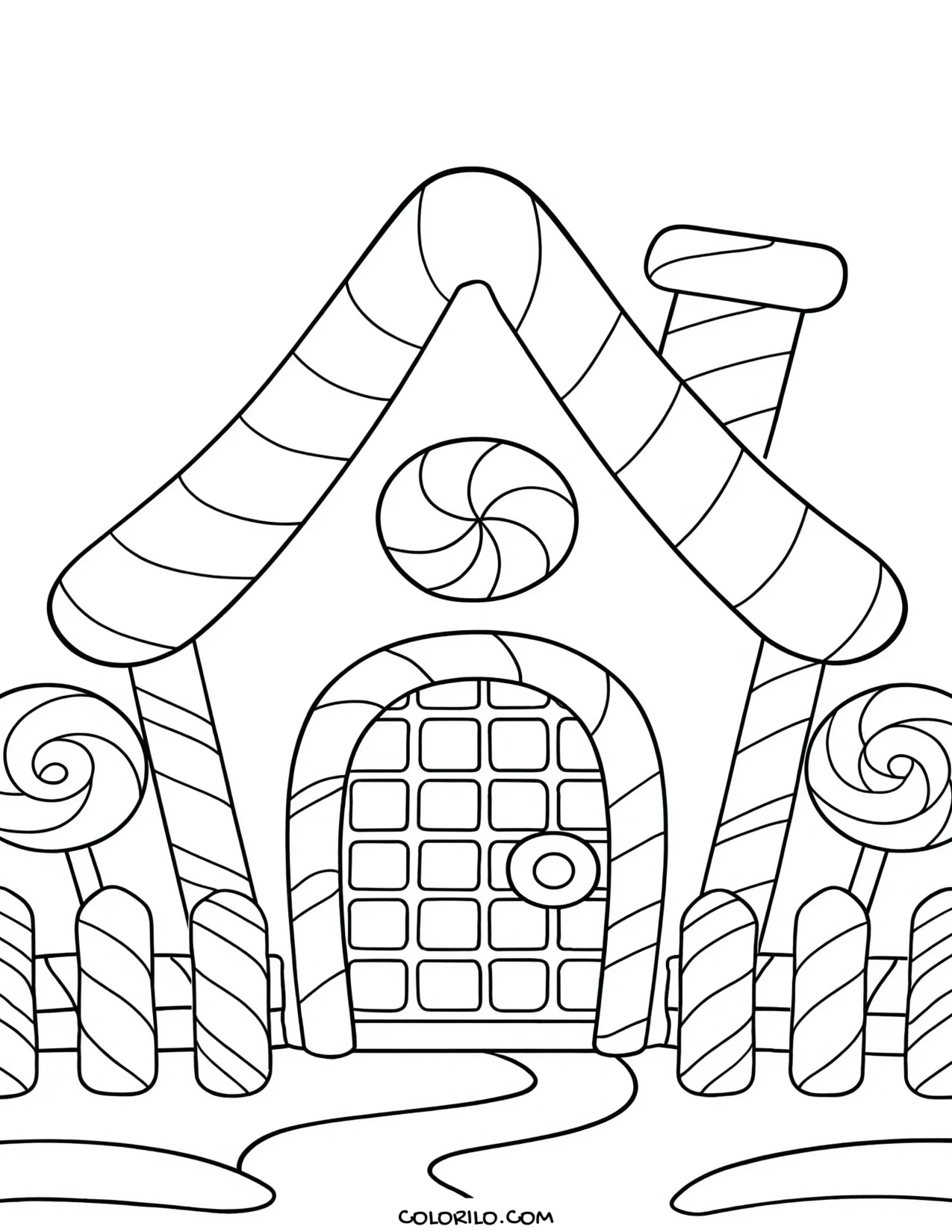 A candy cottage with a lollipop fence coloring page