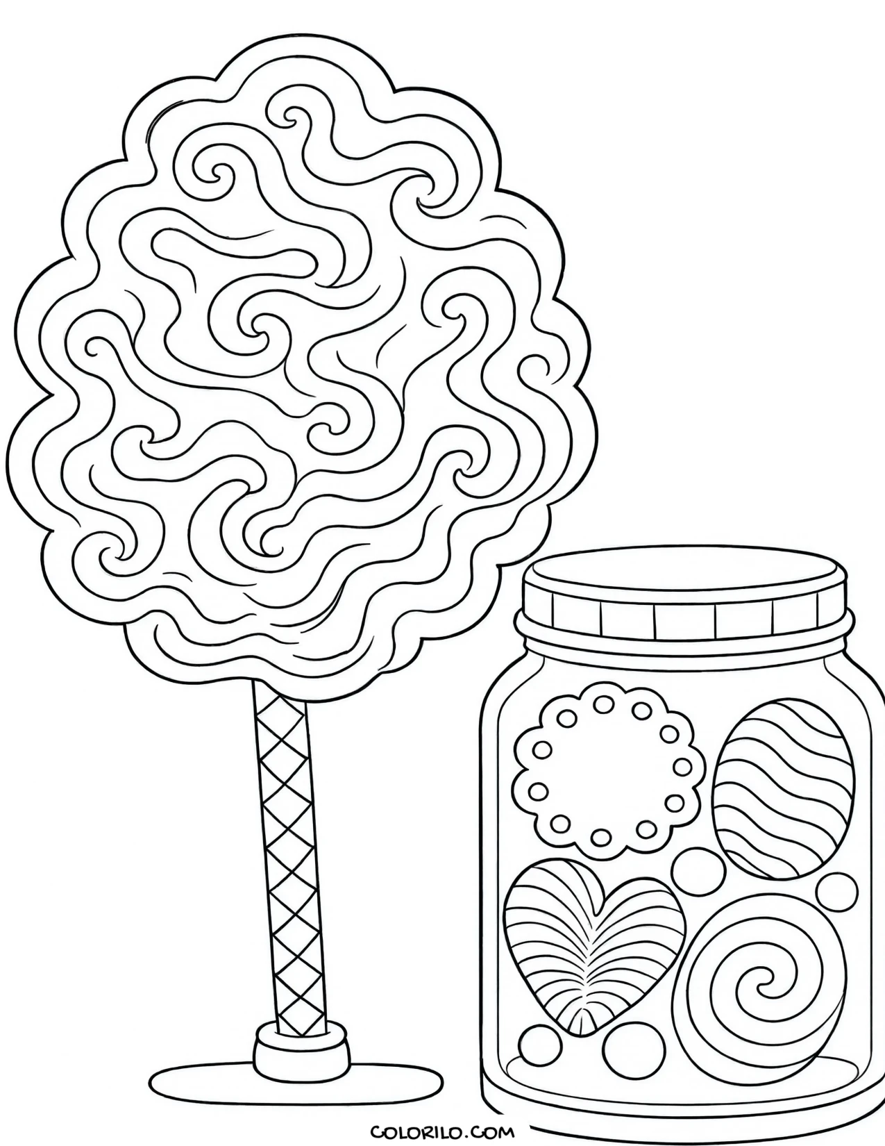 Candy floss beside a jar of sweets coloring page