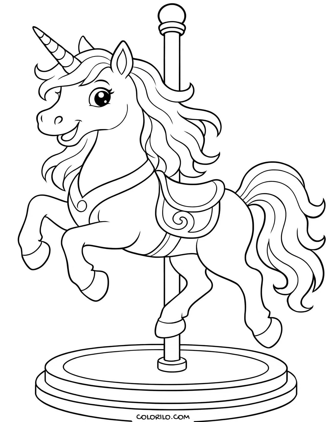 A carousel unicorn on its pole coloring page