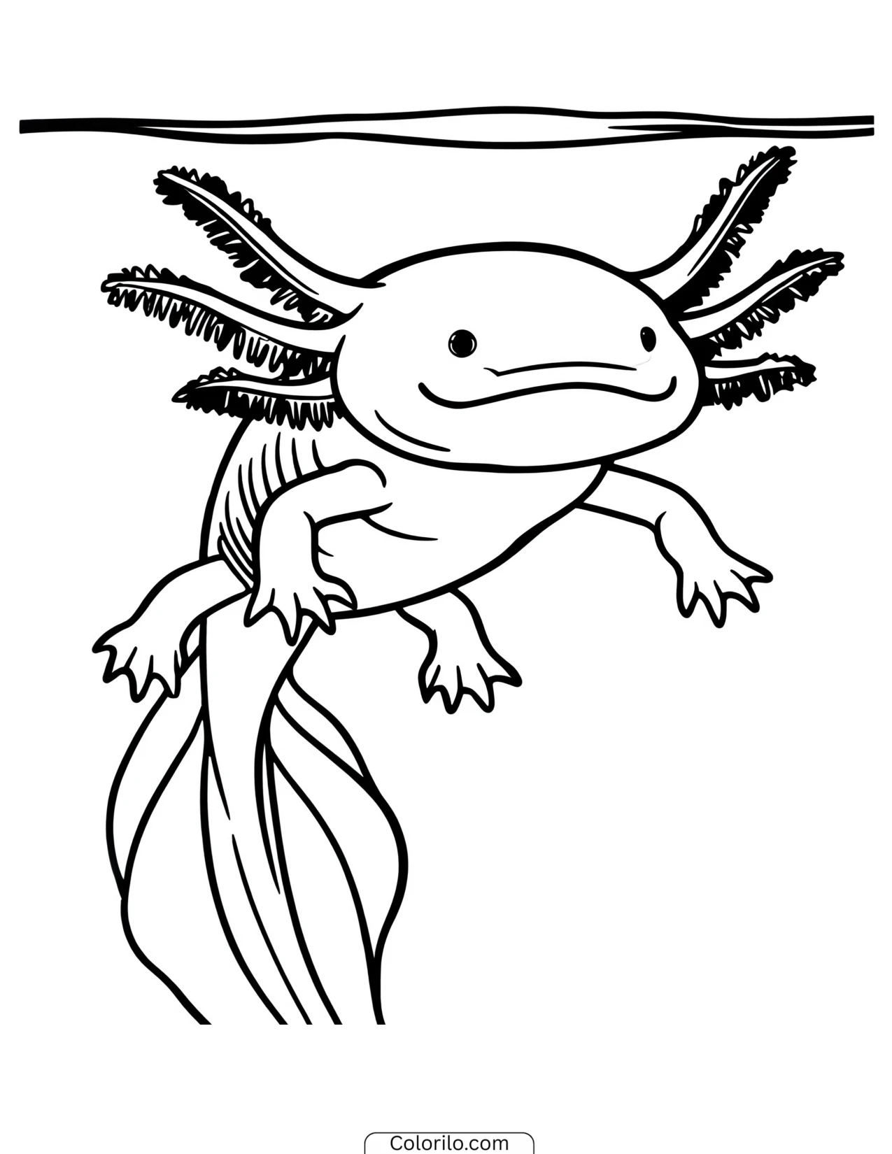 Cartoon axolotl diving downward coloring page