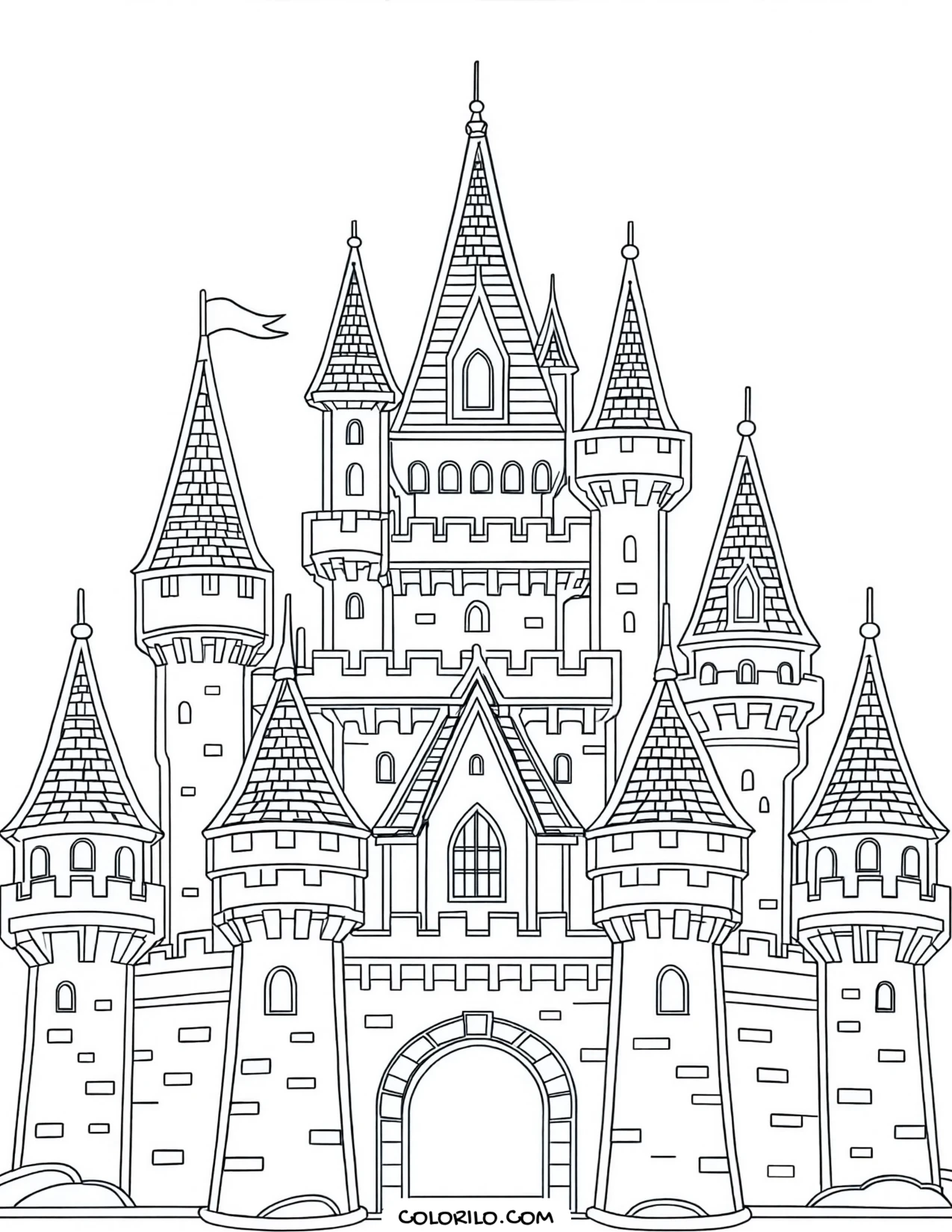 A castle with towers and a gatehouse coloring page