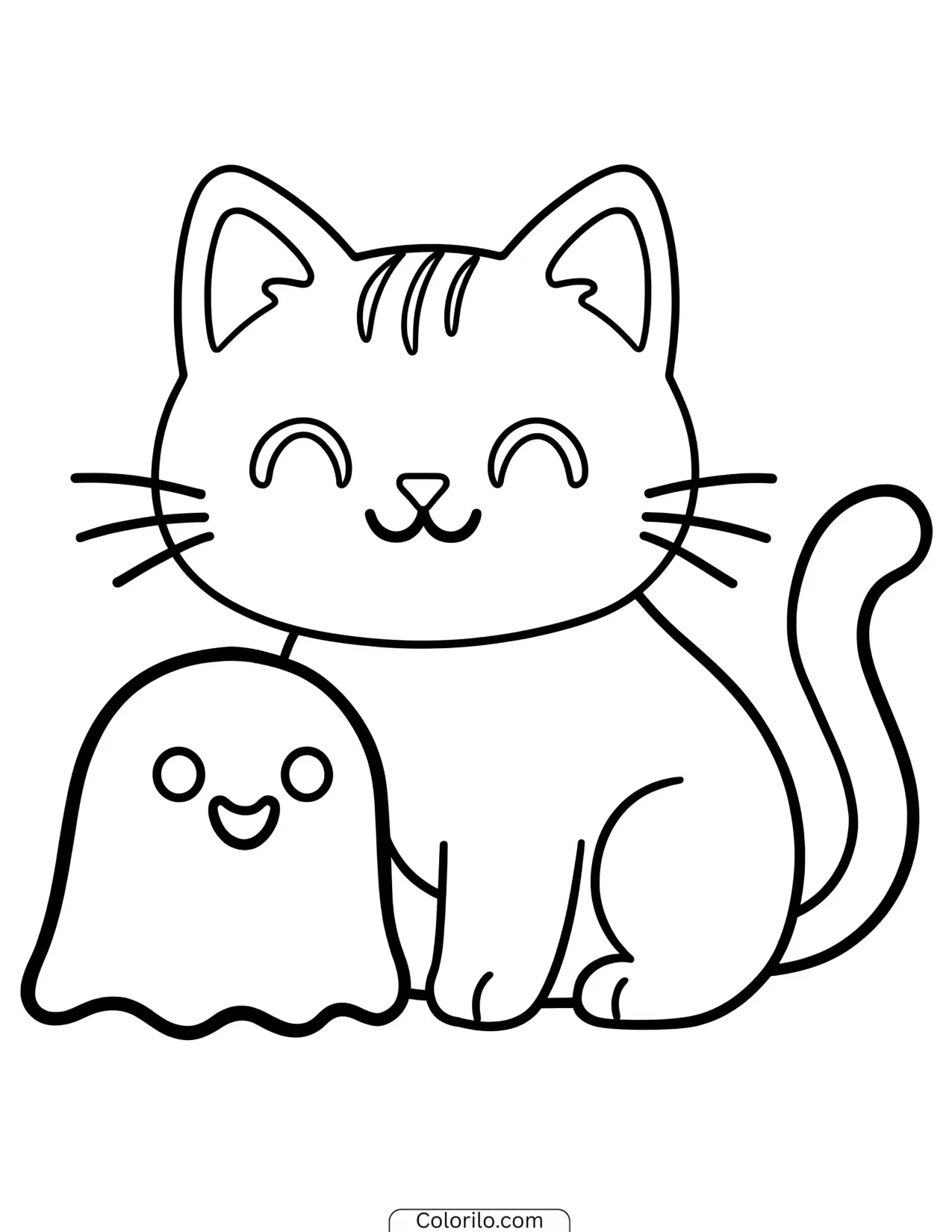 A cat and a ghost together coloring page