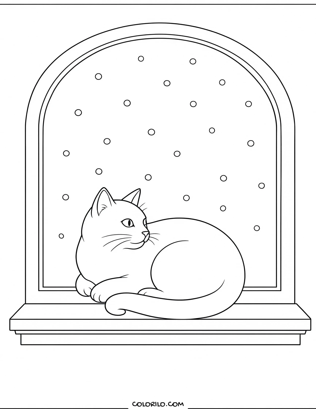 A cat sitting in an arched window coloring page