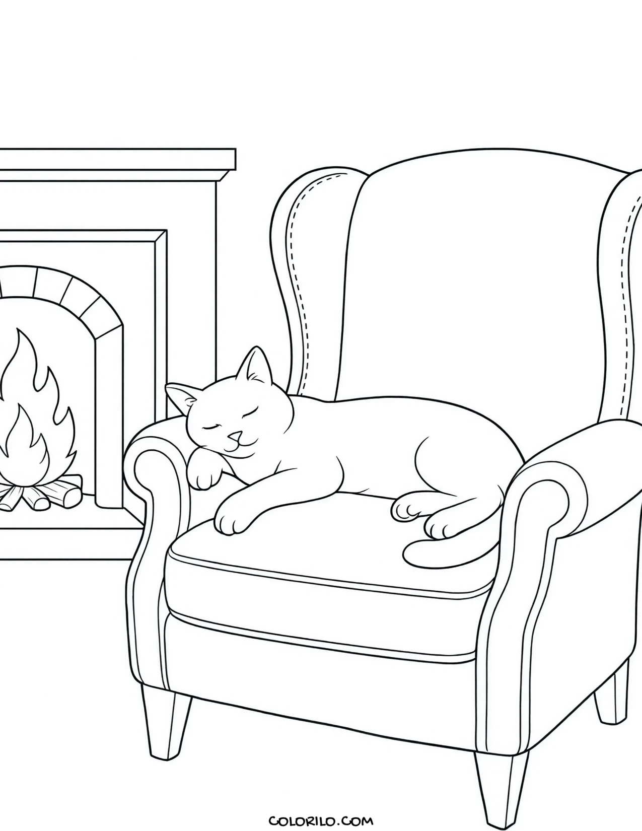 A cat curled in an armchair by the fire coloring page