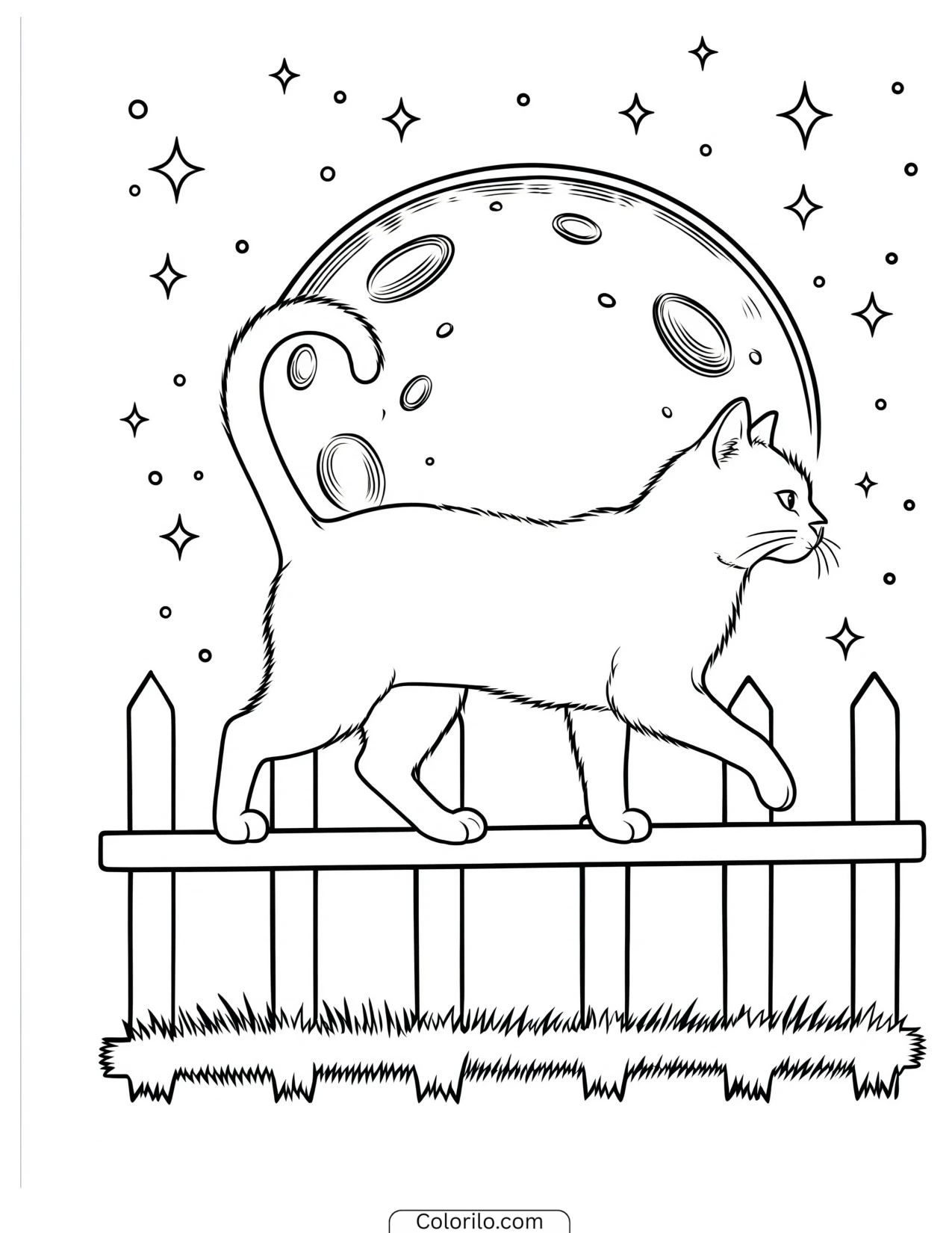 Cat walking along the top of a fence coloring page