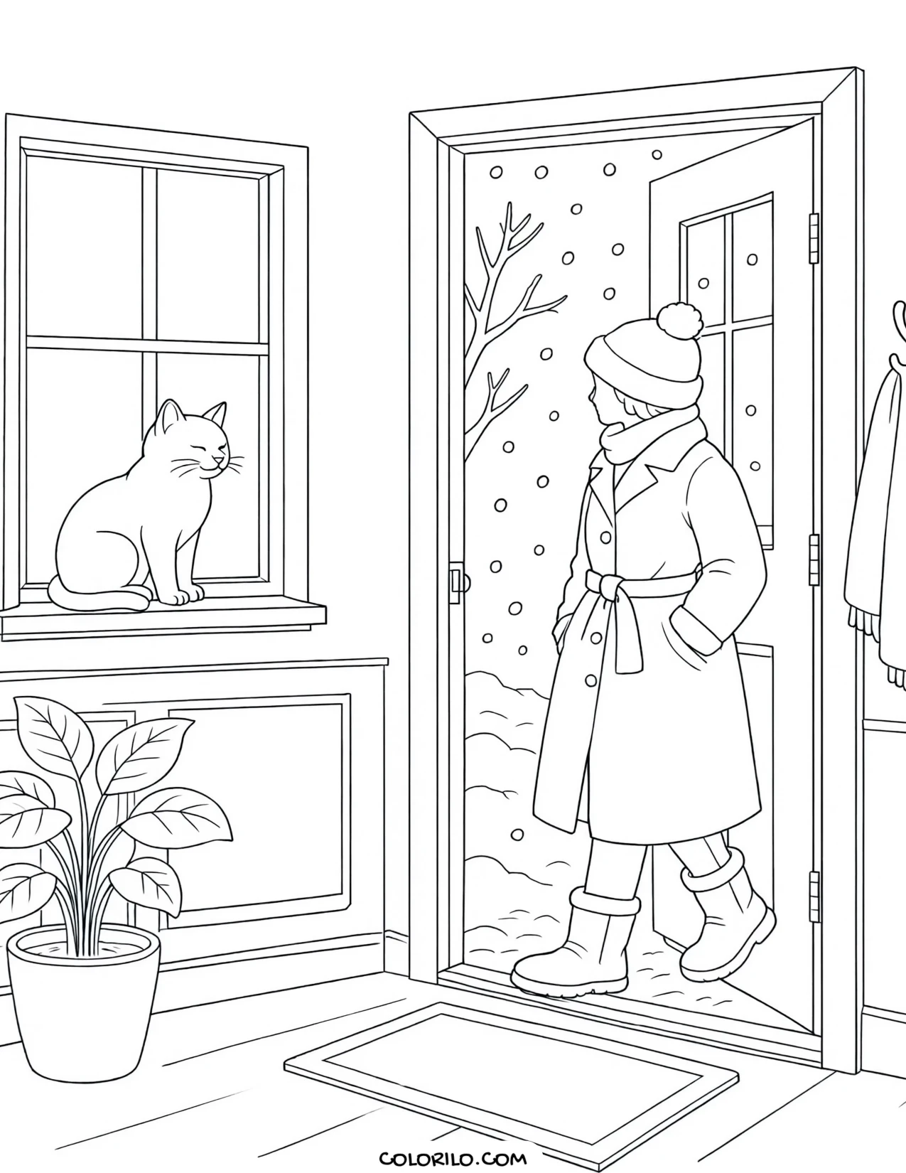 A cat watching the door on a cold day coloring page
