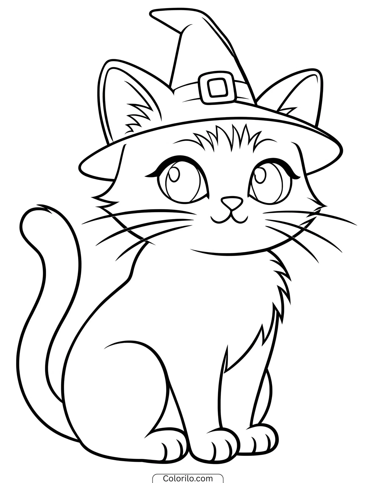 Cat wearing a pointed witch hat coloring page