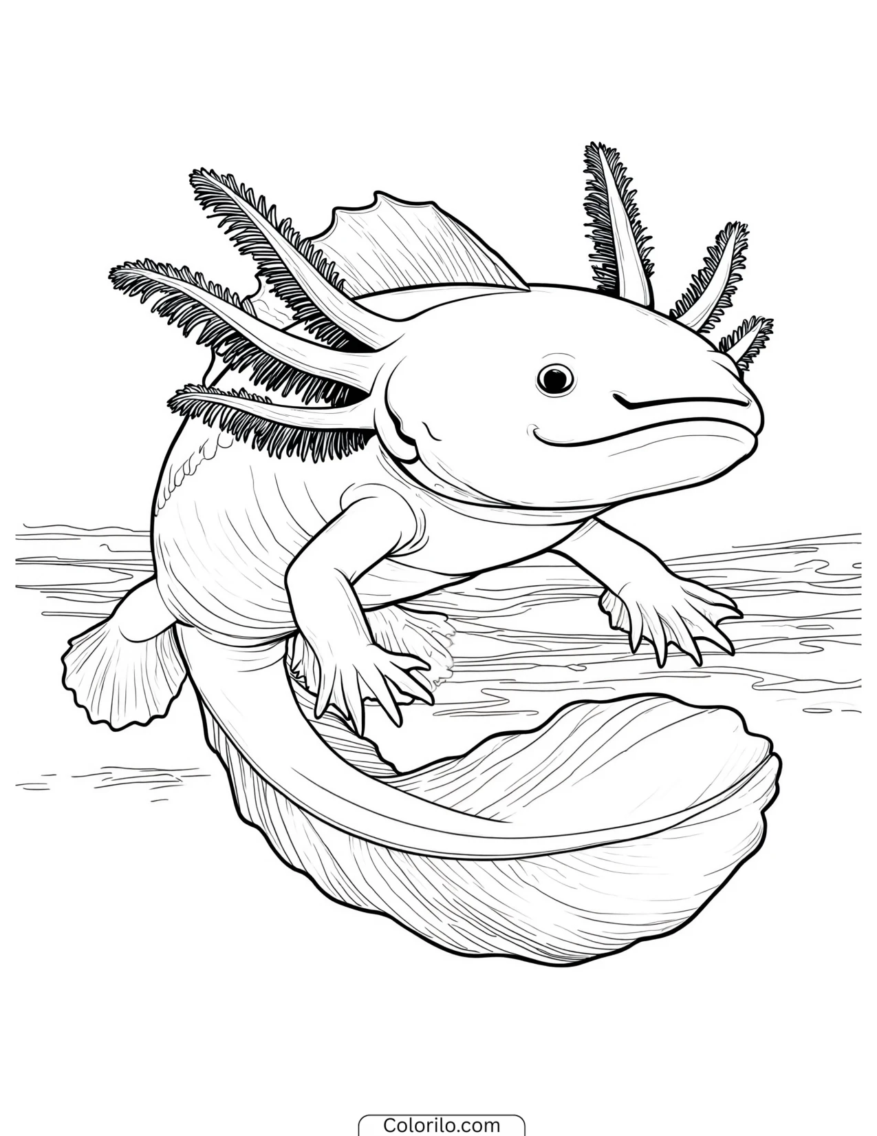 Cheerful axolotl swimming up toward the surface coloring page