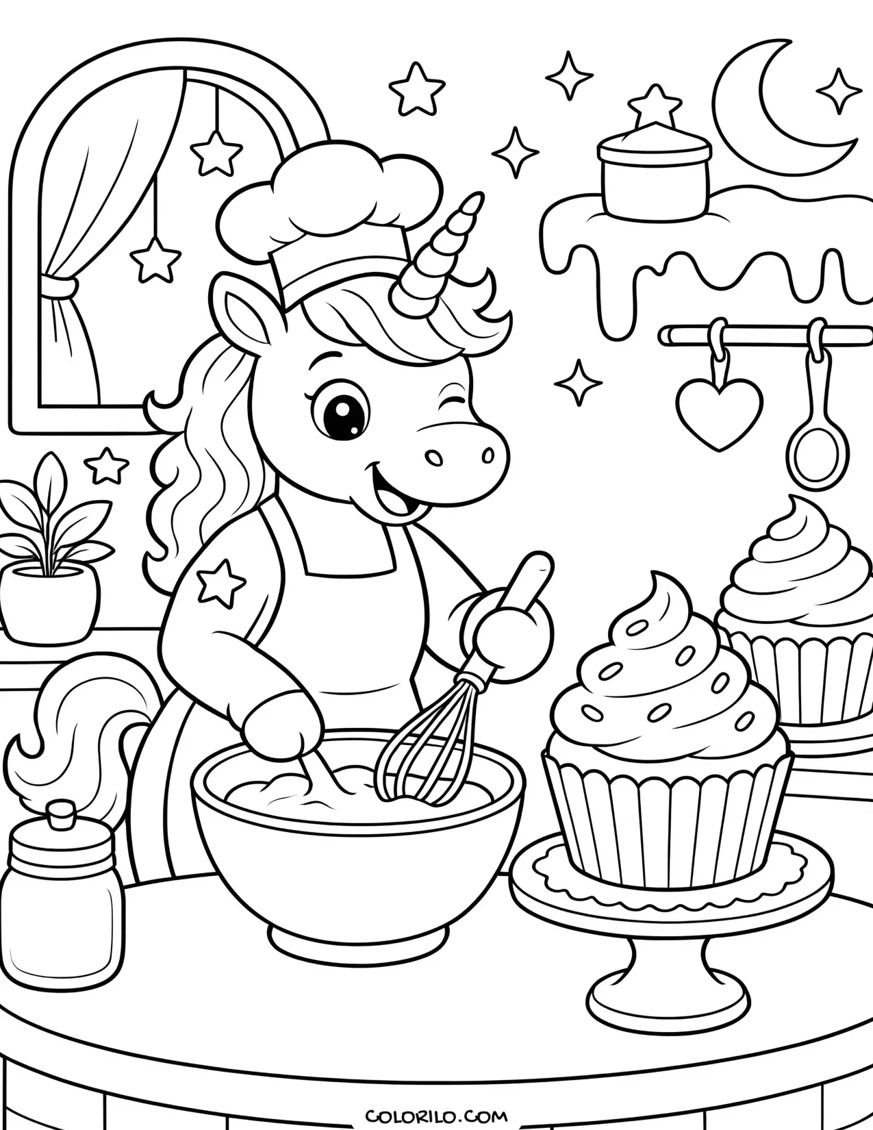 A unicorn baking in a chef's hat coloring page