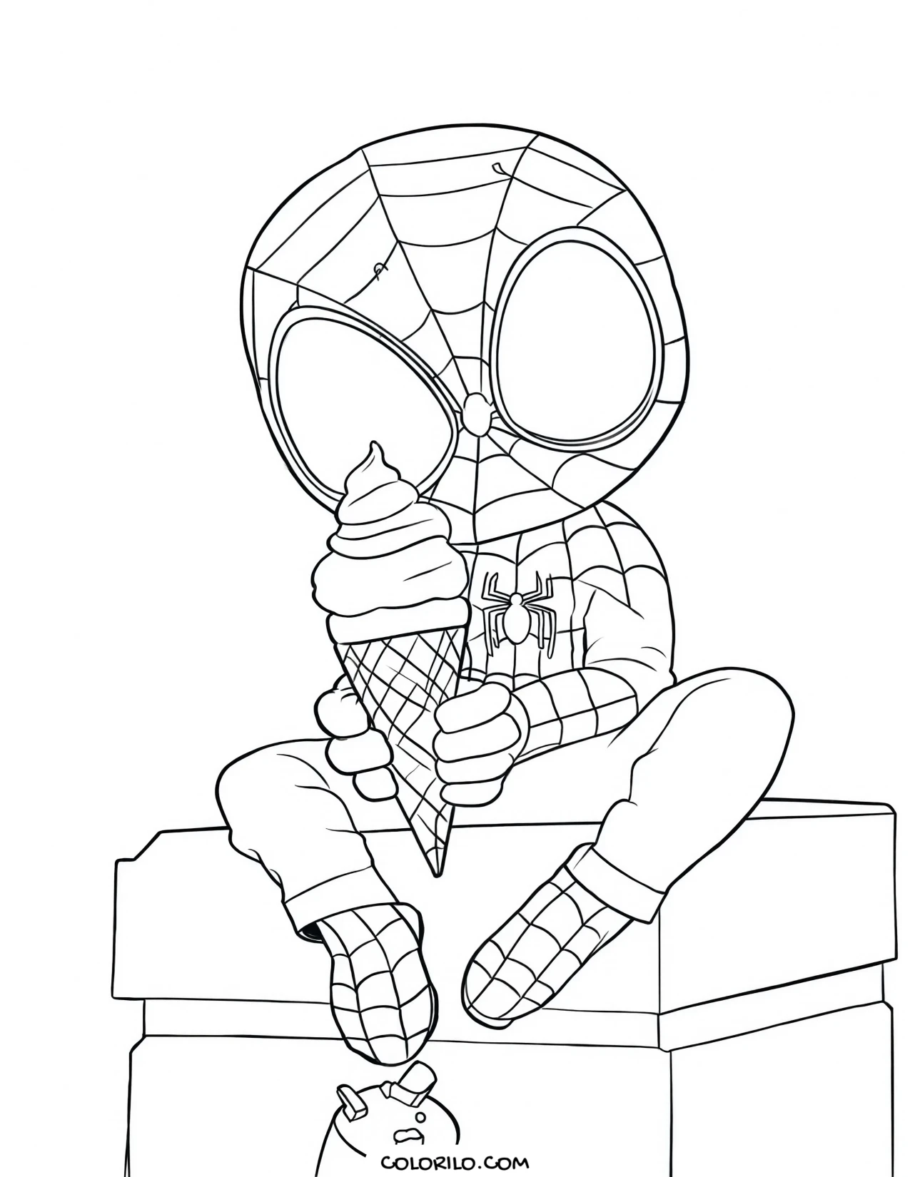 A chibi Spider-Man holding an ice cream coloring page