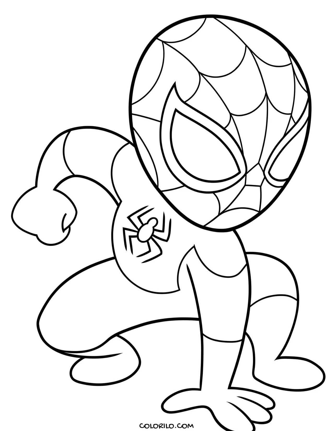 A chibi-style Spider-Man posing coloring page