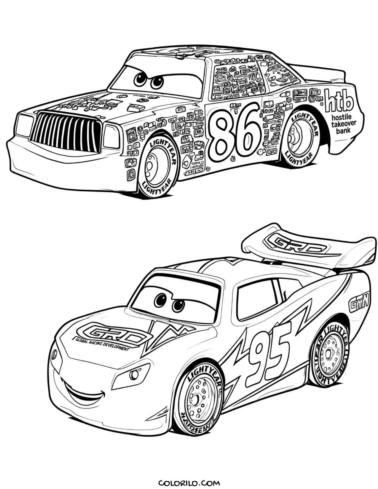 Lightning McQueen beside Chick Hicks coloring page