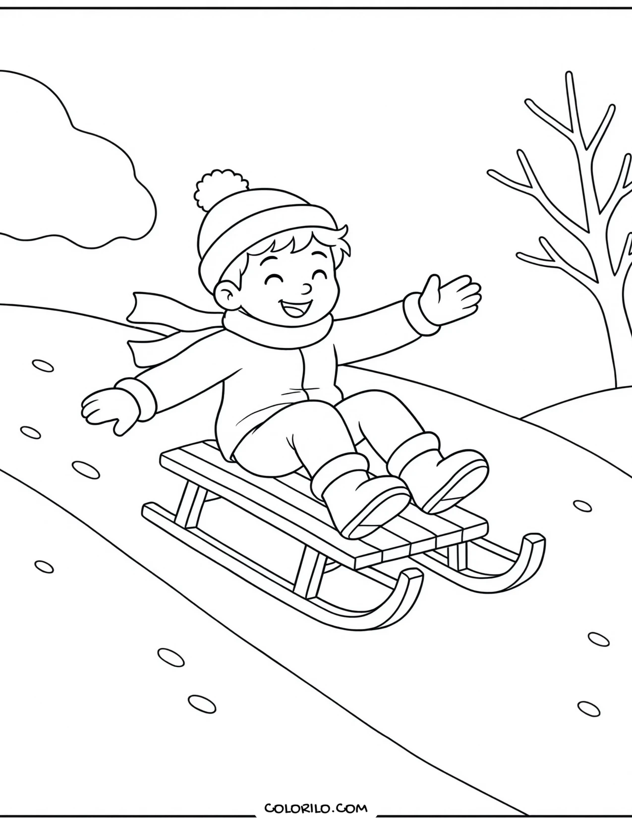 A child sledging down a snowy hill coloring page