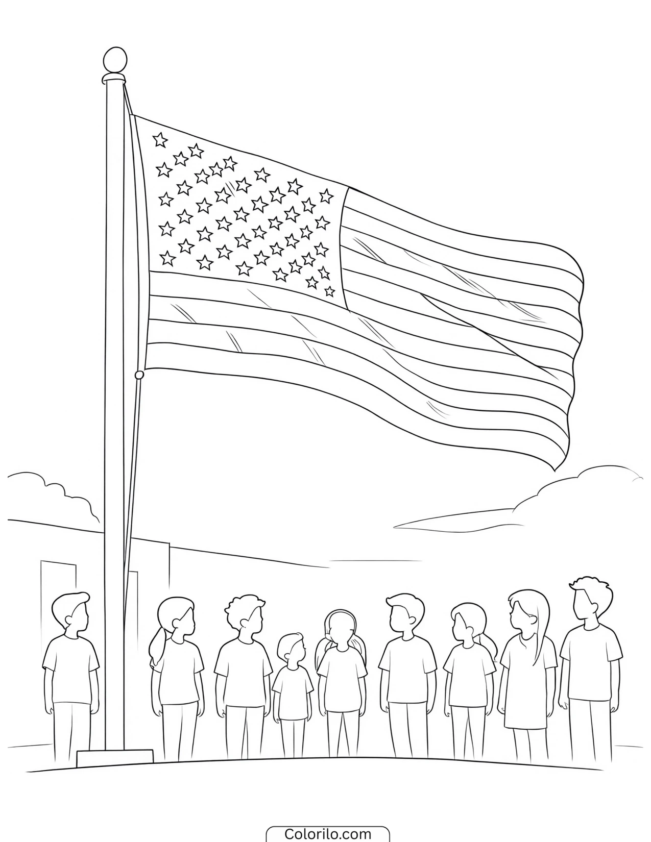 Children standing before a waving American flag coloring page