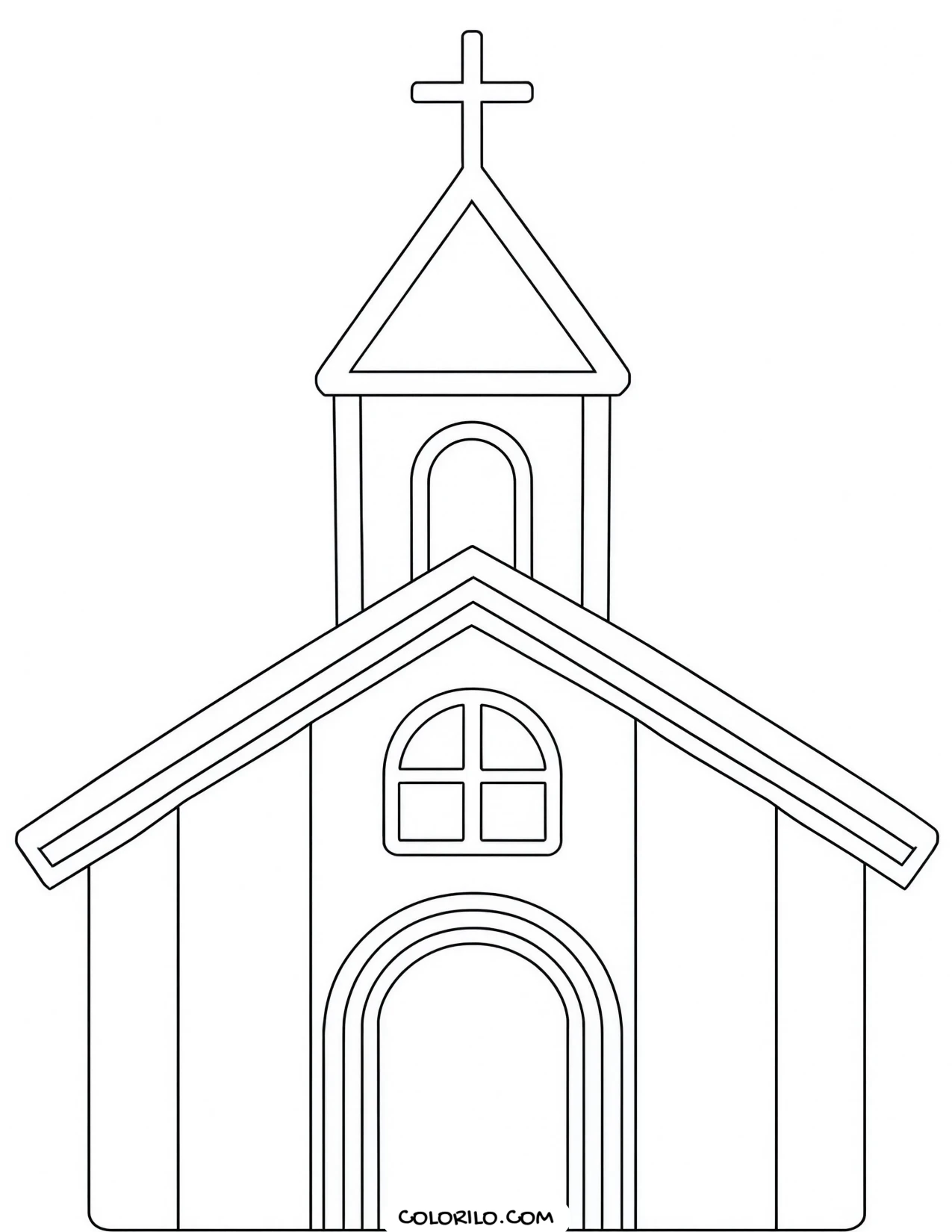 A church with a steeple and an arched door coloring page