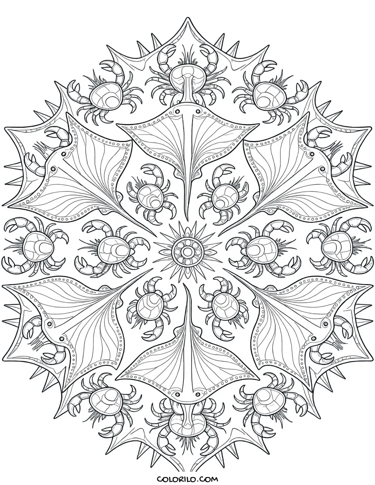 A circular mandala of rays and crustaceans coloring page