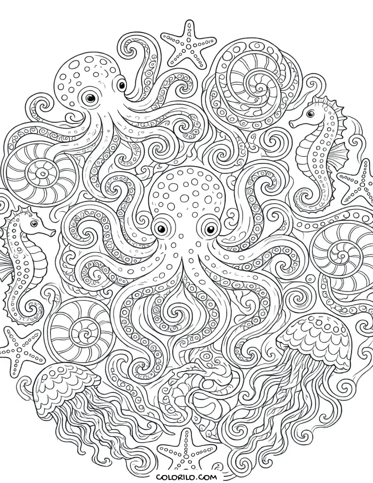 A circular mandala made from sea creatures coloring page