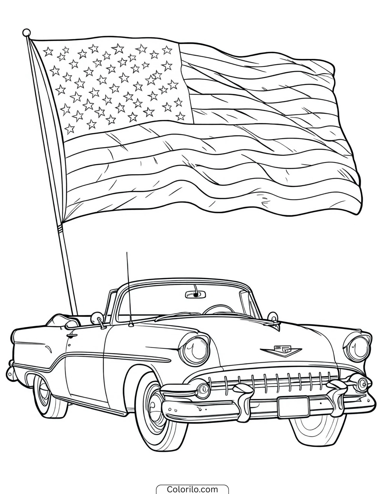 Classic convertible car flying an American flag coloring page