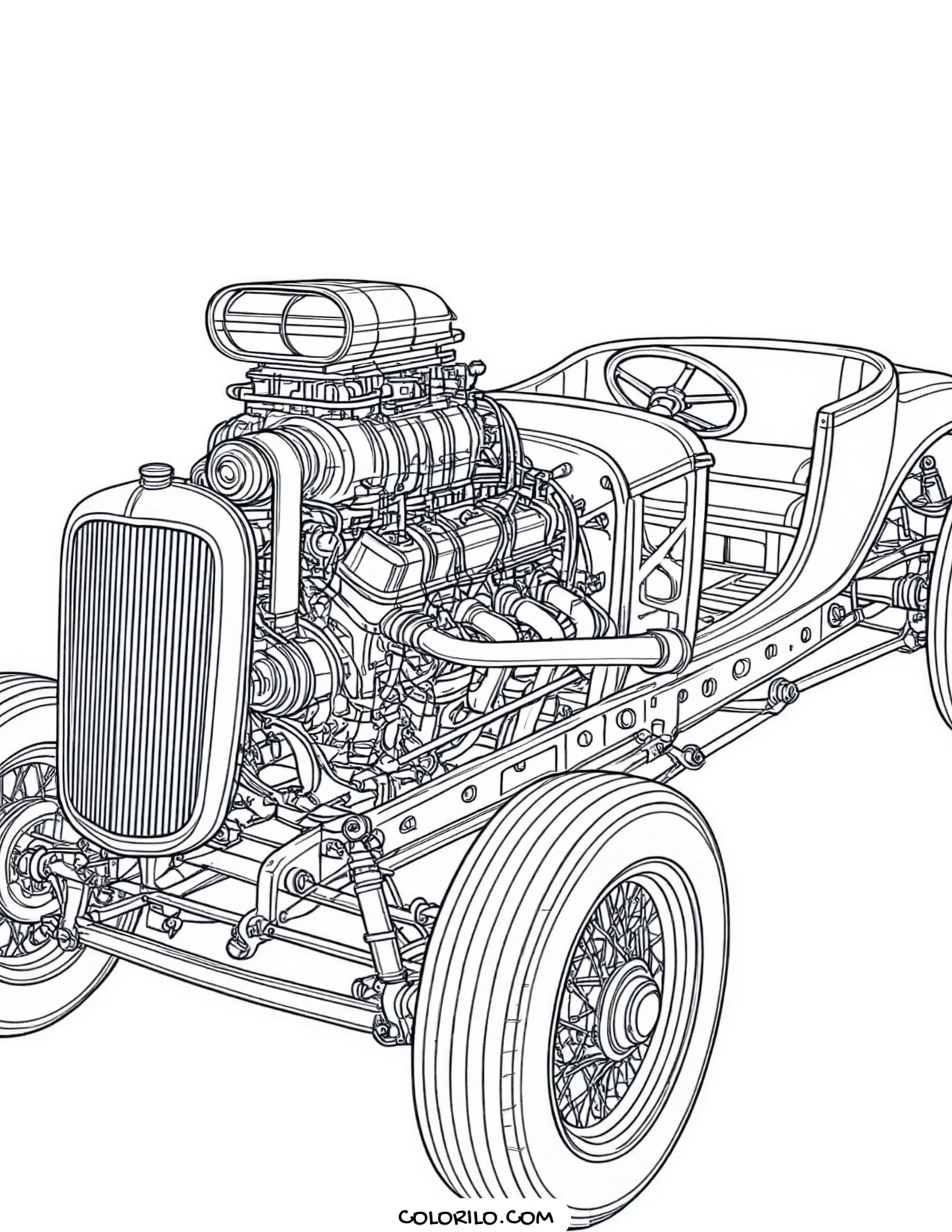 A classic hot rod with its engine exposed coloring page
