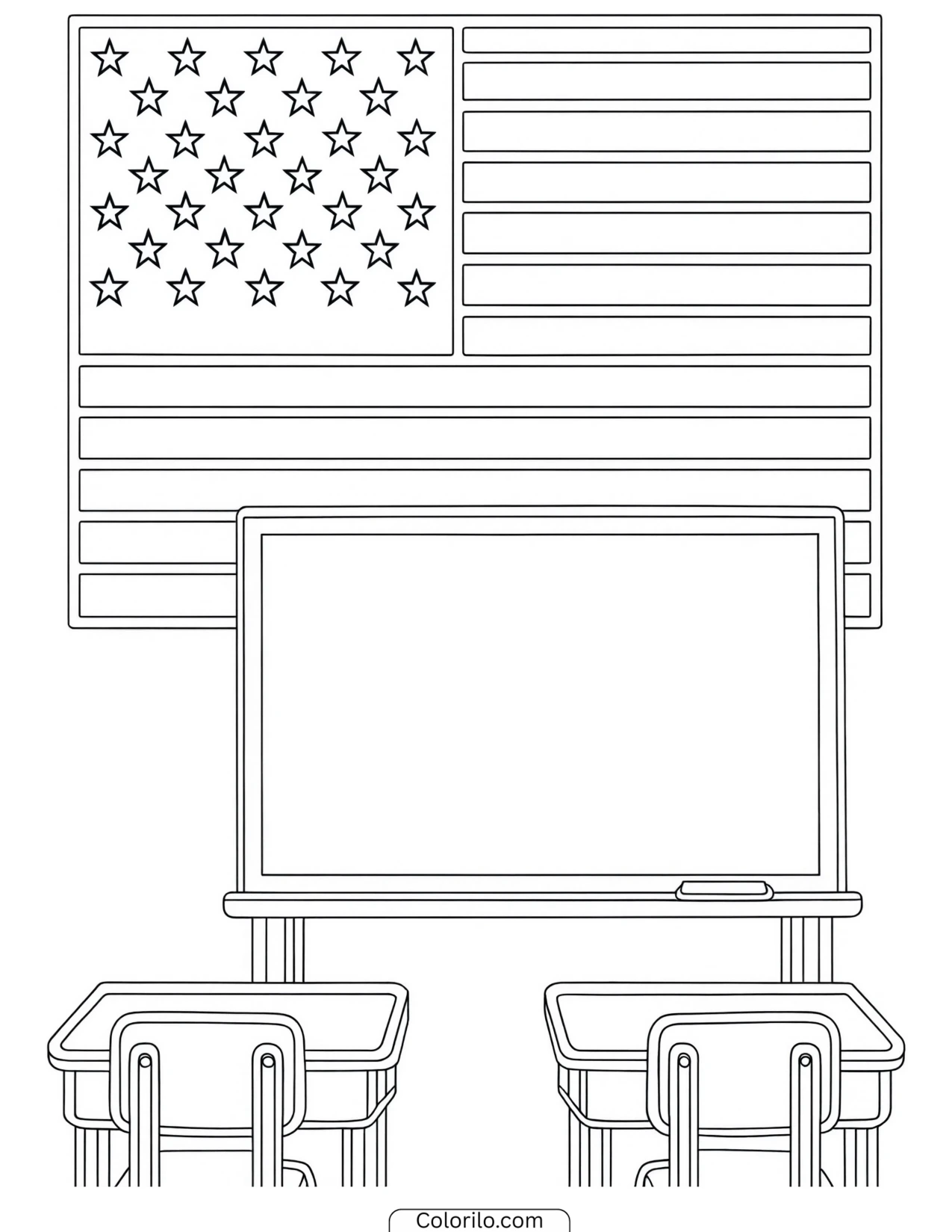 Classroom with a whiteboard, desks and a flag coloring page