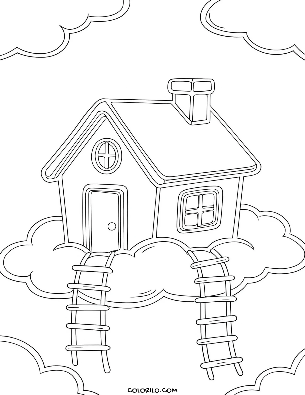 A house in the clouds reached by rope ladders coloring page