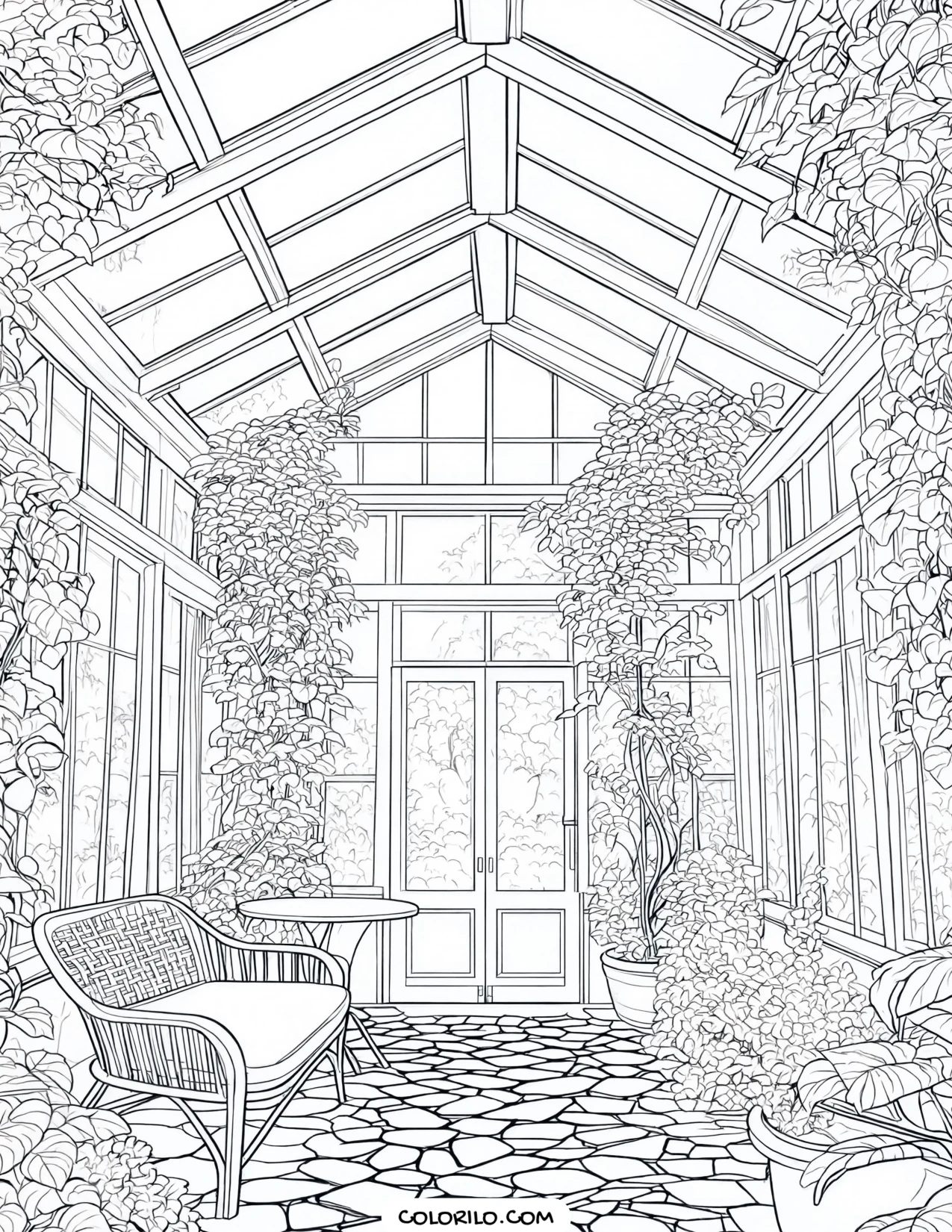 A glass conservatory with plants and wicker chairs coloring page