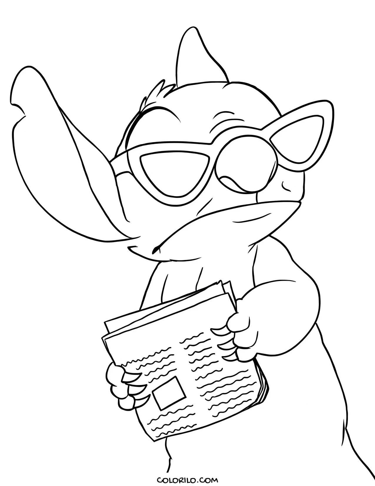 Stitch in sunglasses reading a newspaper coloring page