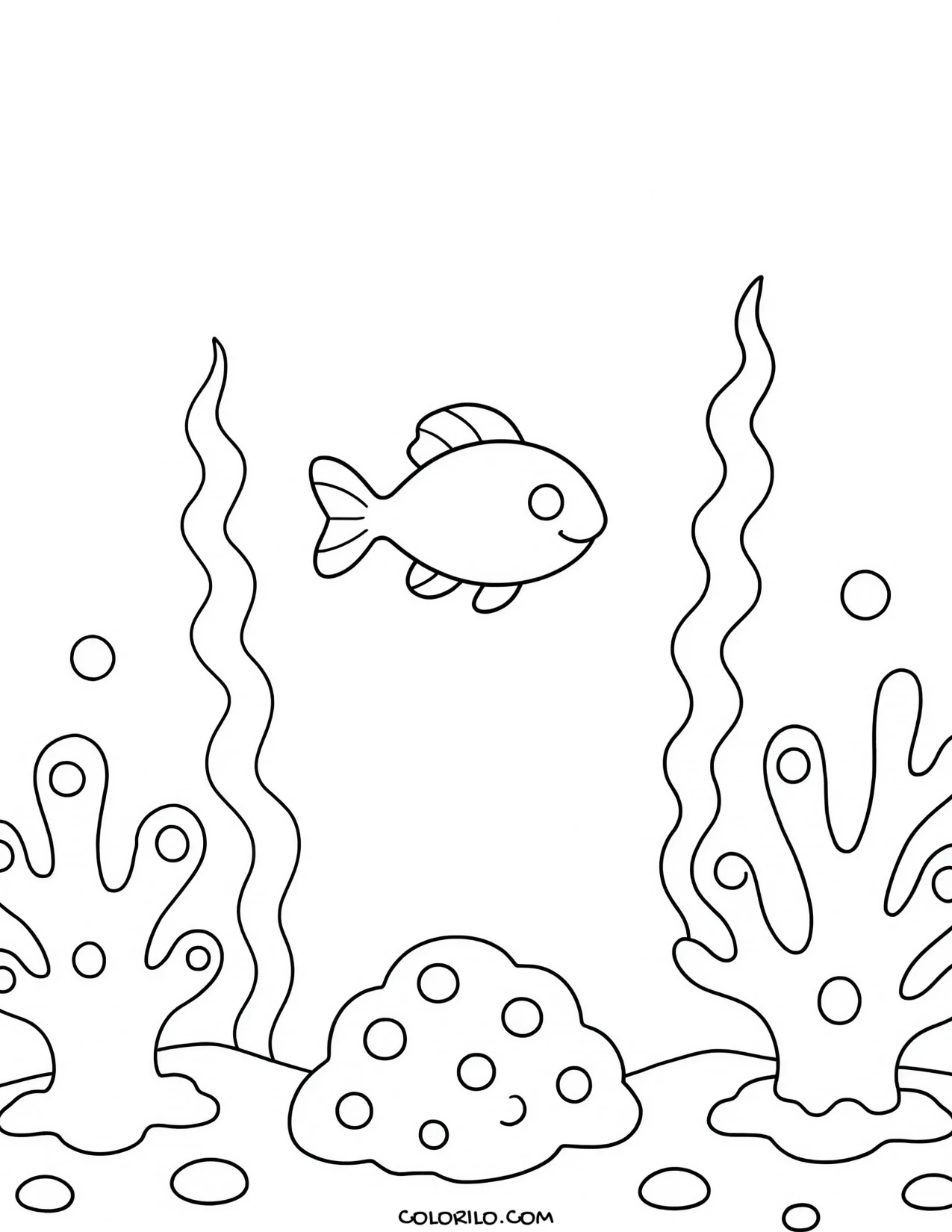 a coral reef with fish among branching coral coloring page