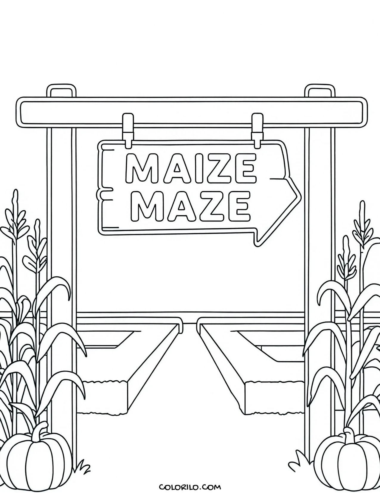 The entrance to a corn maze coloring page