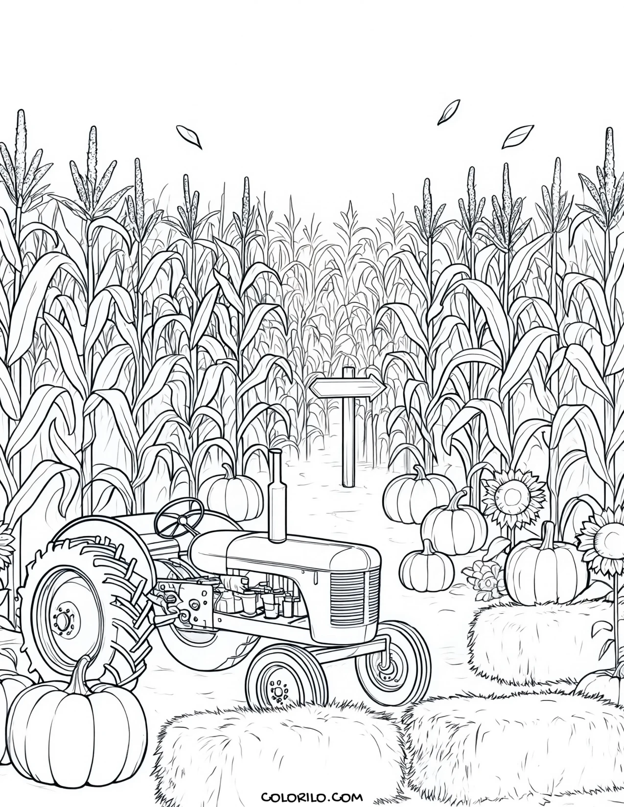 A tractor beside a corn maze coloring page