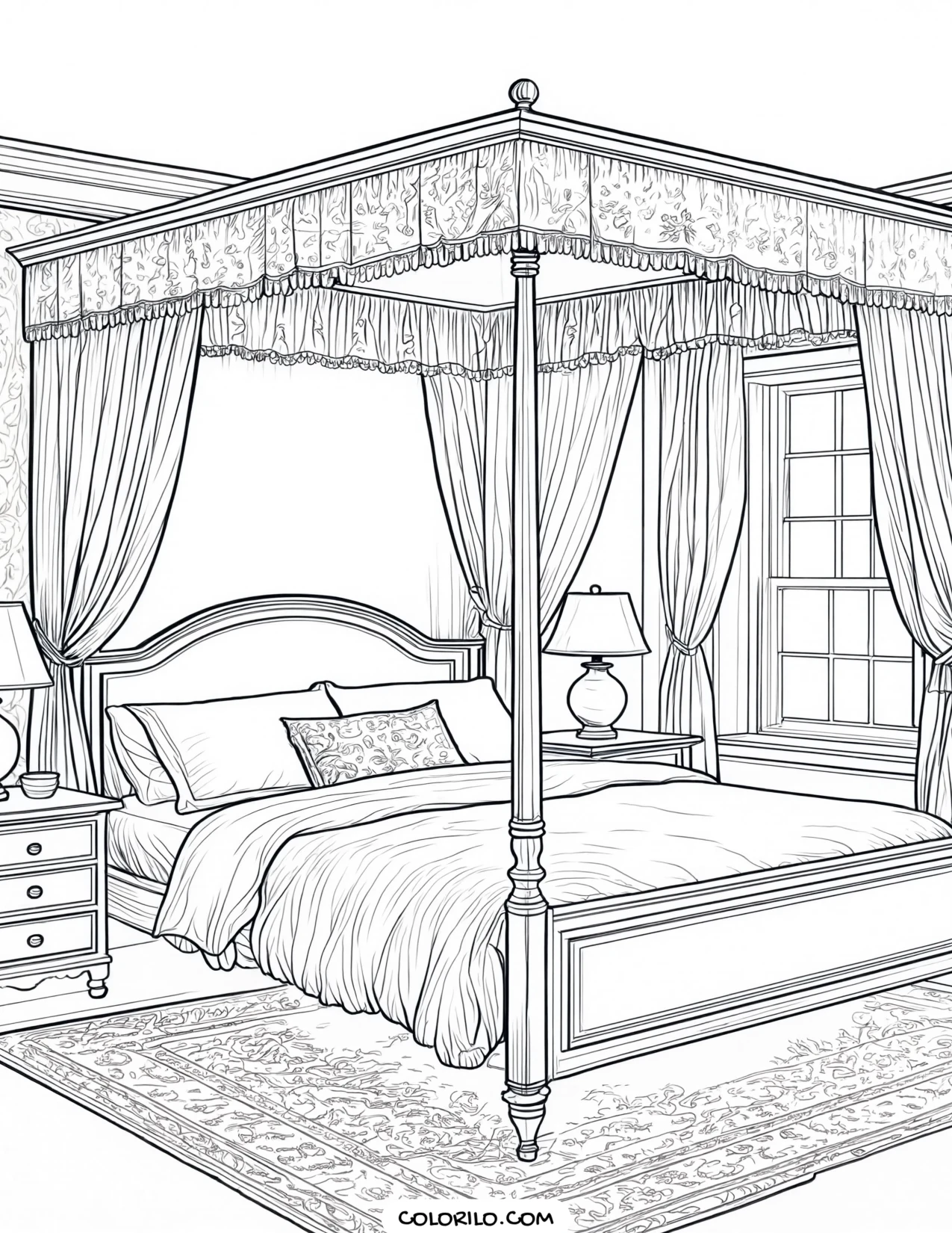 A cosy bedroom with a four-poster bed coloring page