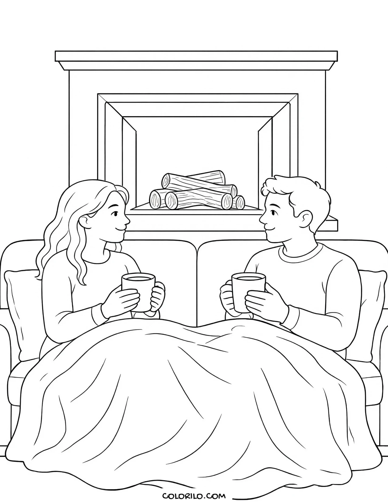 Two people on a couch beside the fire coloring page
