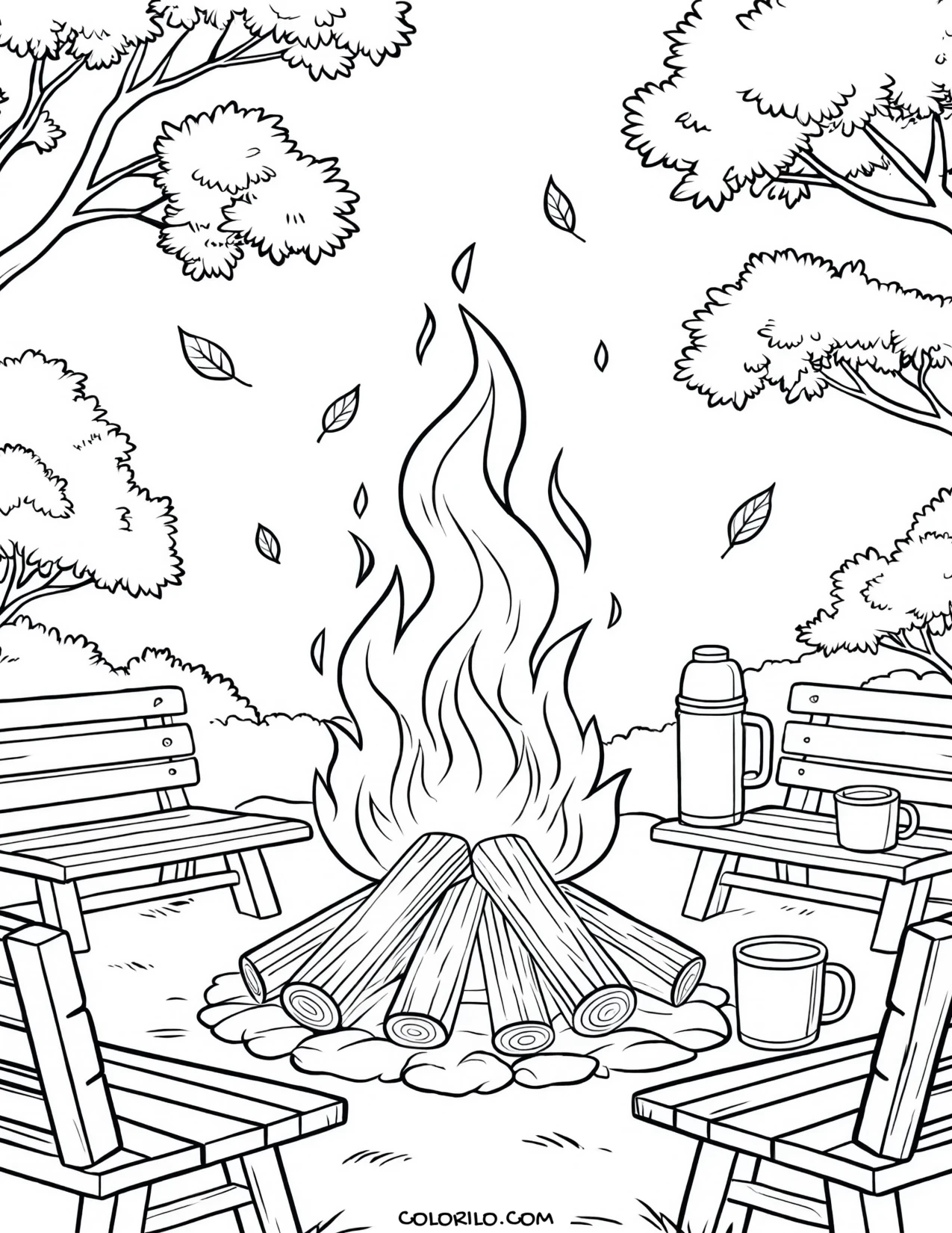 A bonfire burning in the autumn woods coloring page