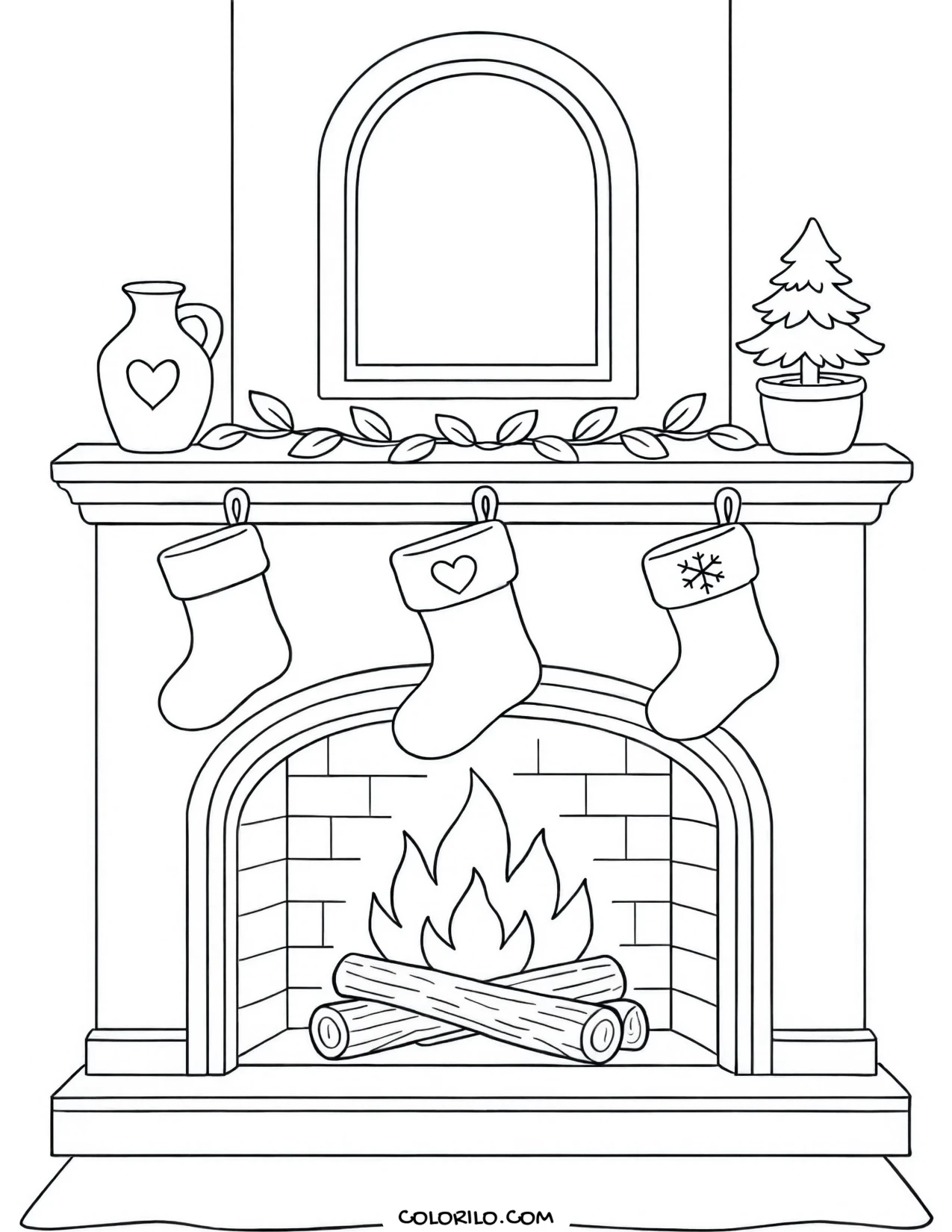 A cosy fireplace hung with stockings coloring page